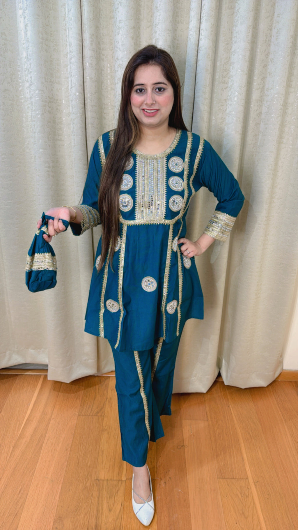 MEERA | Teal Mirror Work Kurta Pant Set with Potli Bag for Women | Festive Ethnic Wear