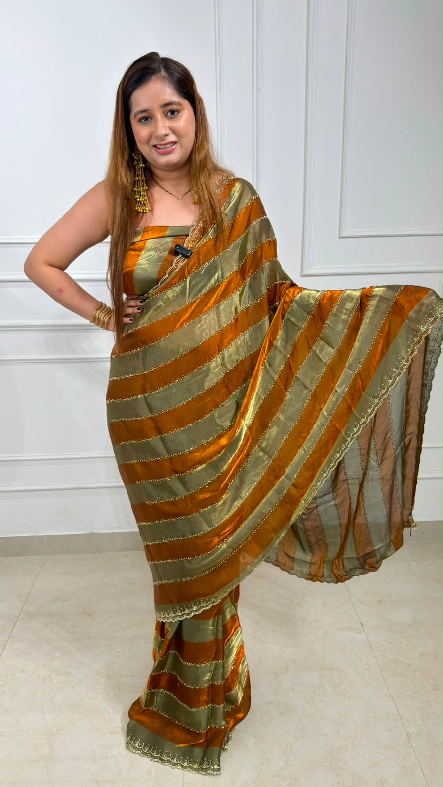 Aureline Luxe Pure Viscose Striped Saree for Women | Black-Gold & Rust-Gold Festive Party Wear Saree