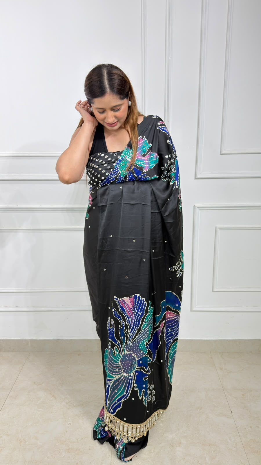 Renuka | Black Floral Printed Satin Saree for Women | Amvonz