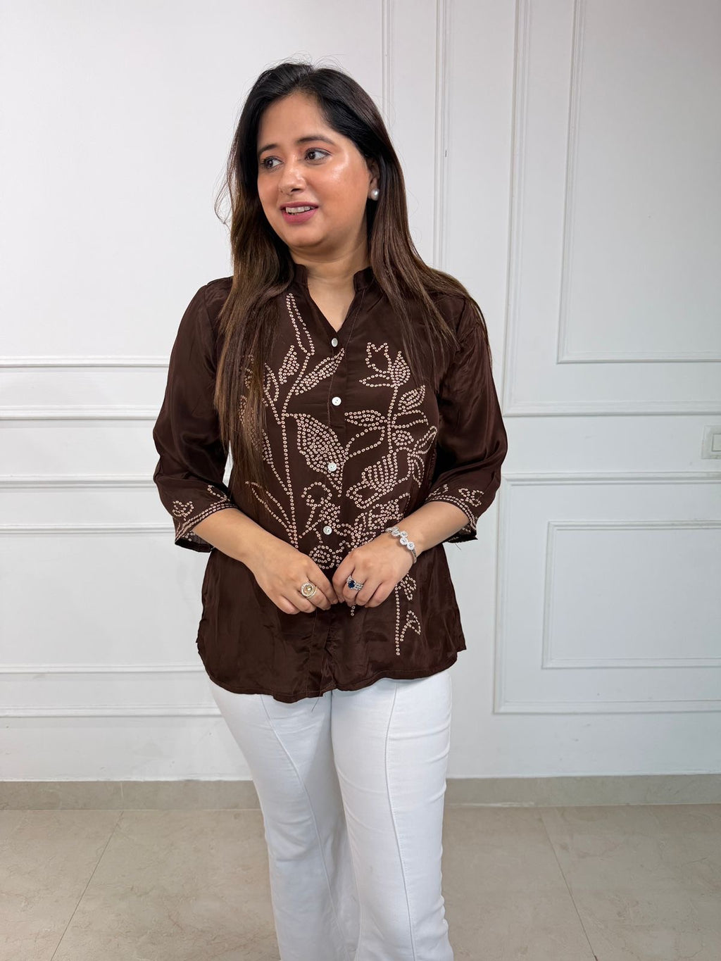 Ruzelle | Bold Fuchsia Satin Shirt with Bandhani-Inspired Stripe Print