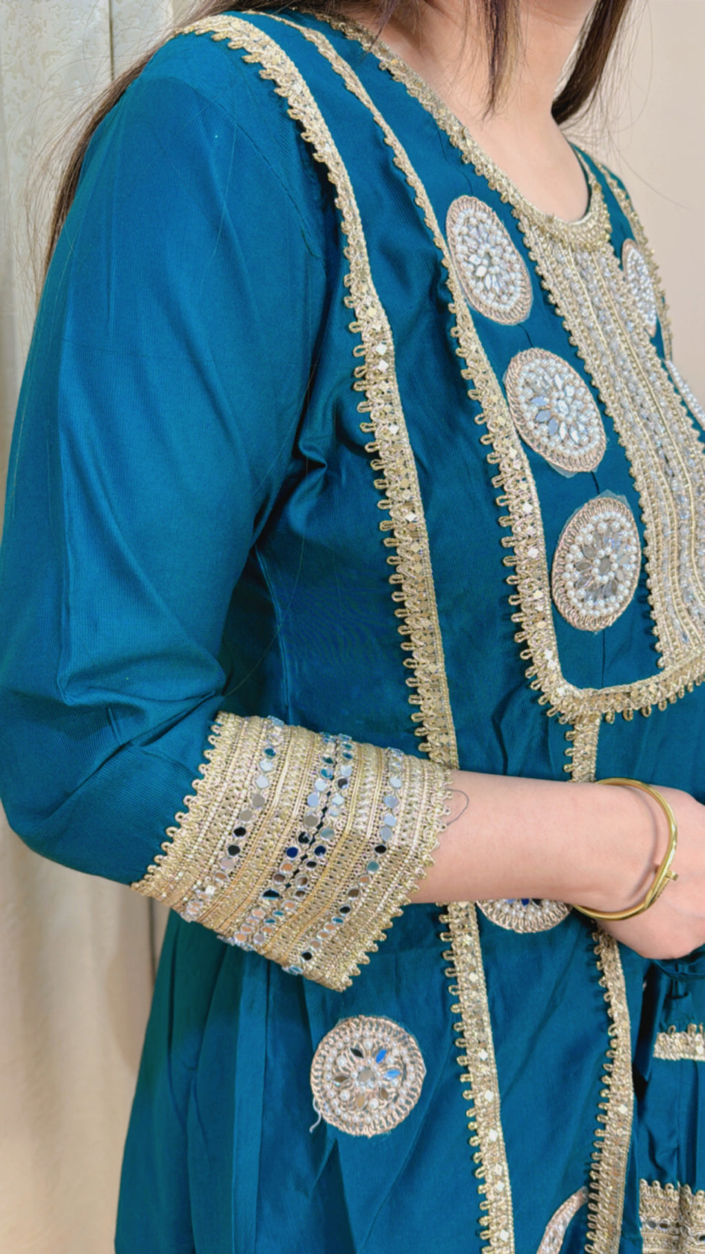 MEERA | Teal Mirror Work Kurta Pant Set with Potli Bag for Women | Festive Ethnic Wear