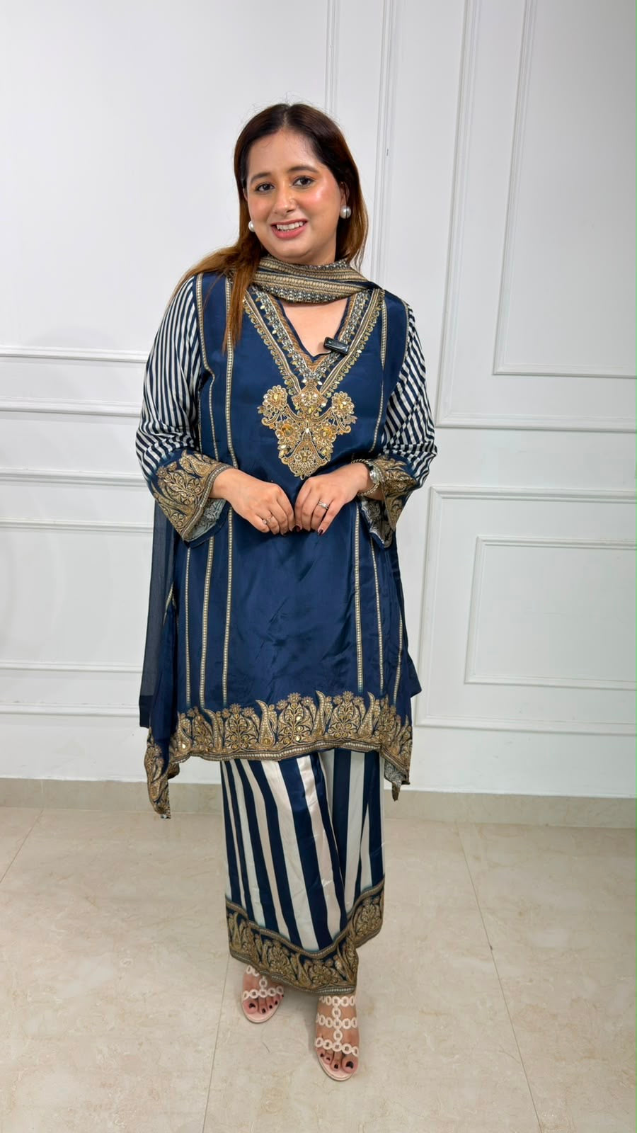 Zarmina | Navy Blue Embroidered Kurta with Striped Sharara & Dupatta Set for Women