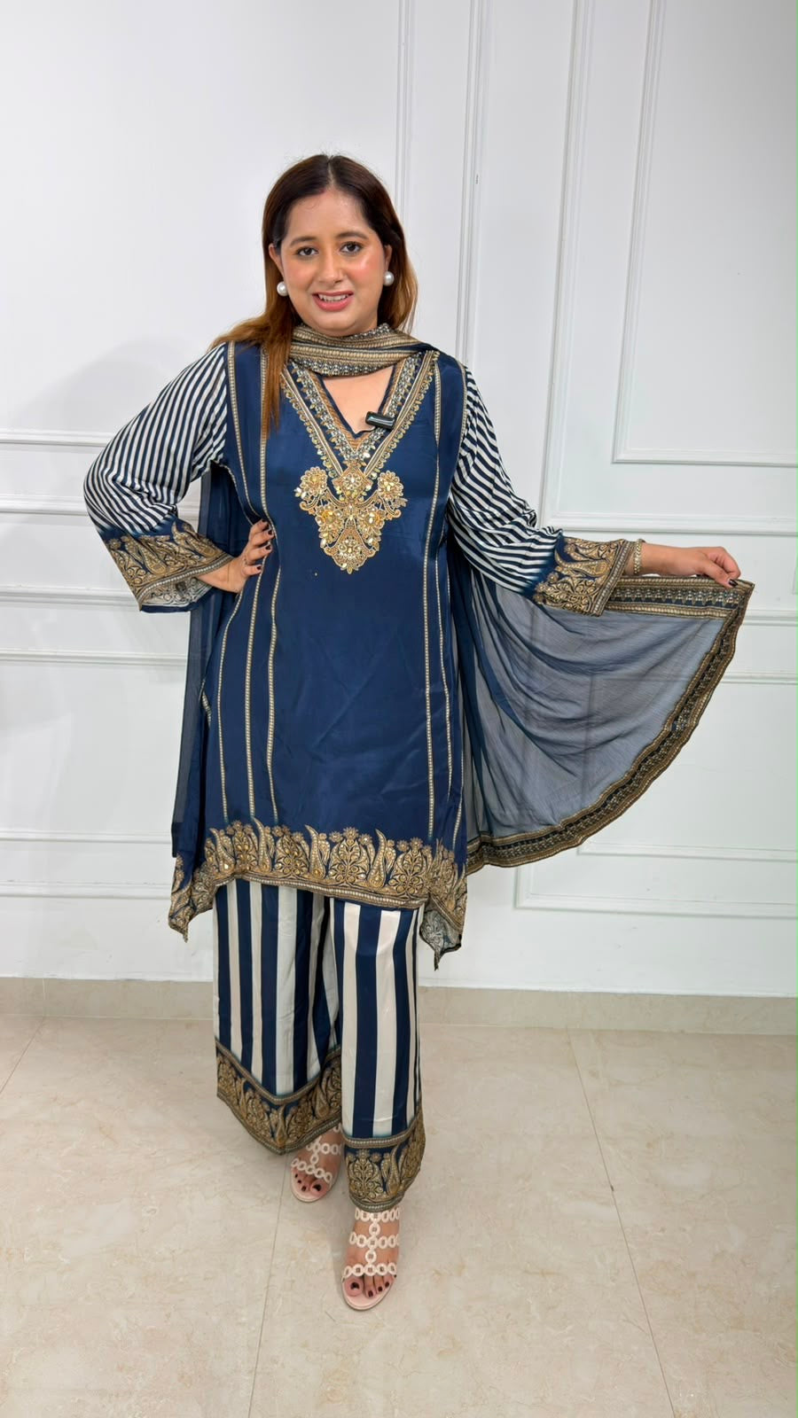 Zarmina | Navy Blue Embroidered Kurta with Striped Sharara & Dupatta Set for Women