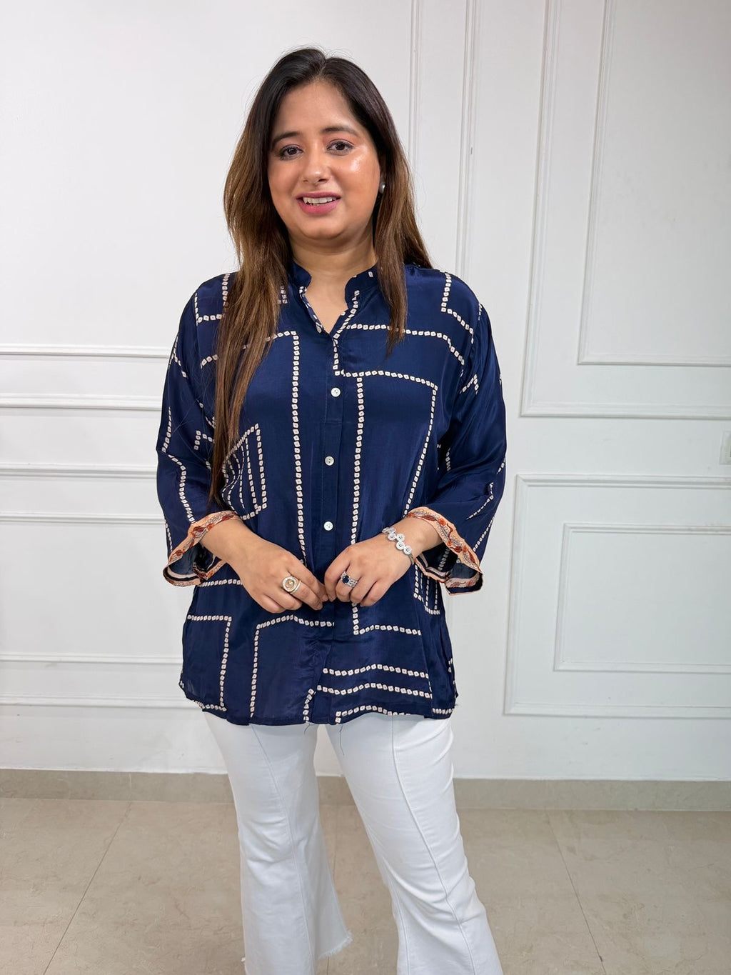 Ruzelle | Bold Fuchsia Satin Shirt with Bandhani-Inspired Stripe Print