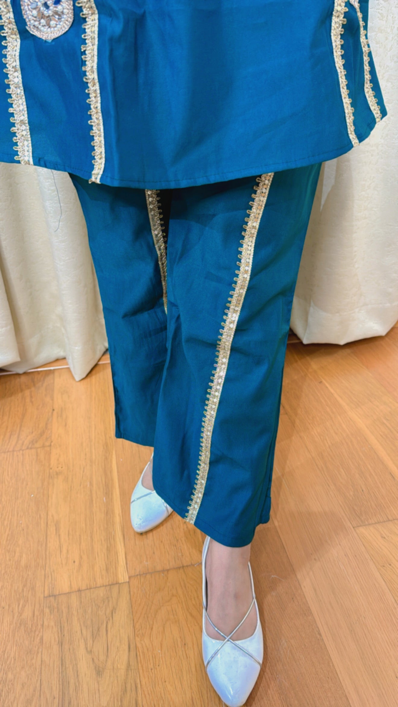 MEERA | Teal Mirror Work Kurta Pant Set with Potli Bag for Women | Festive Ethnic Wear