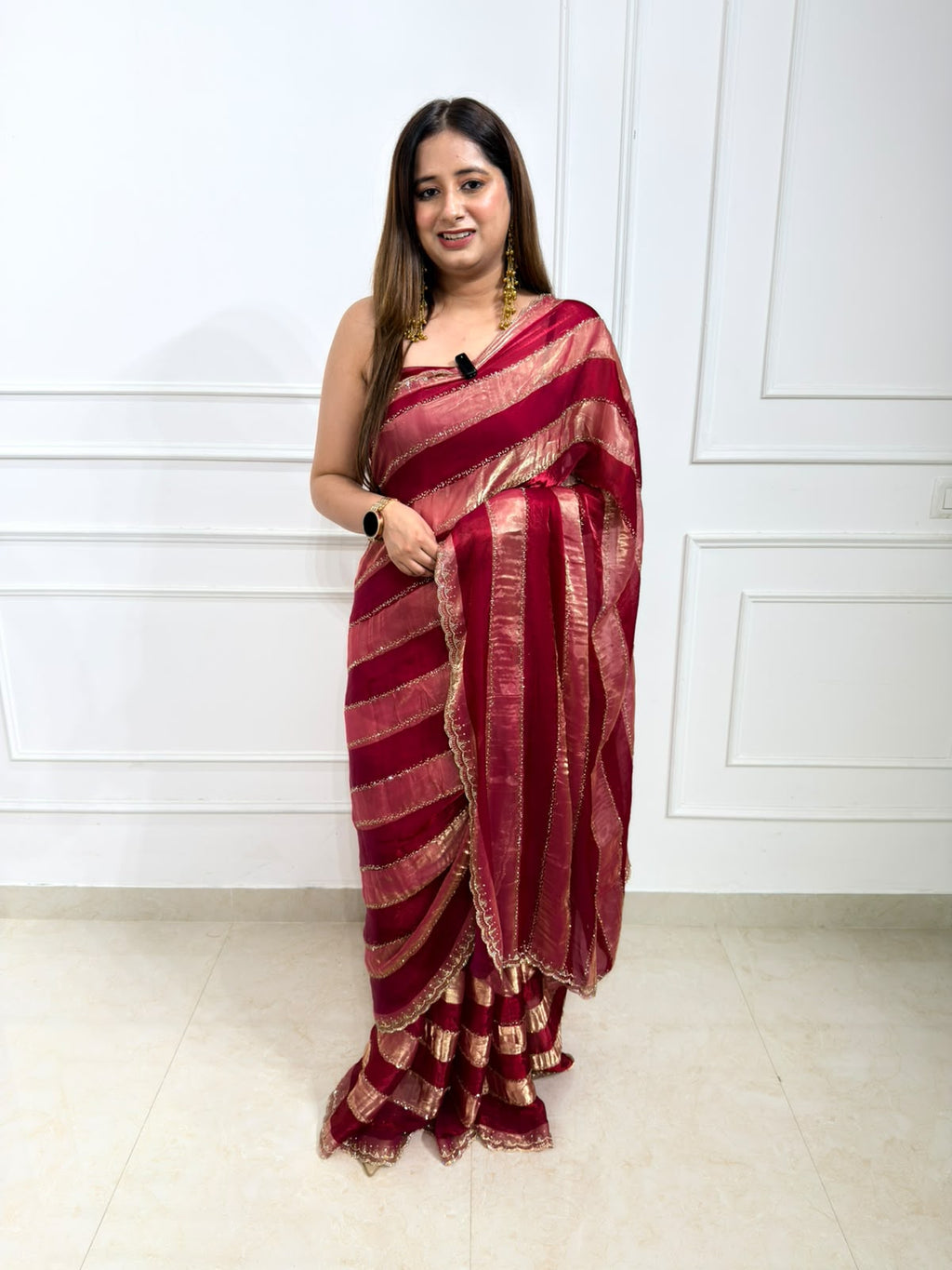 Aveline | Wine Organza Saree with Rose-Gold Zari Stripes & Lace Border