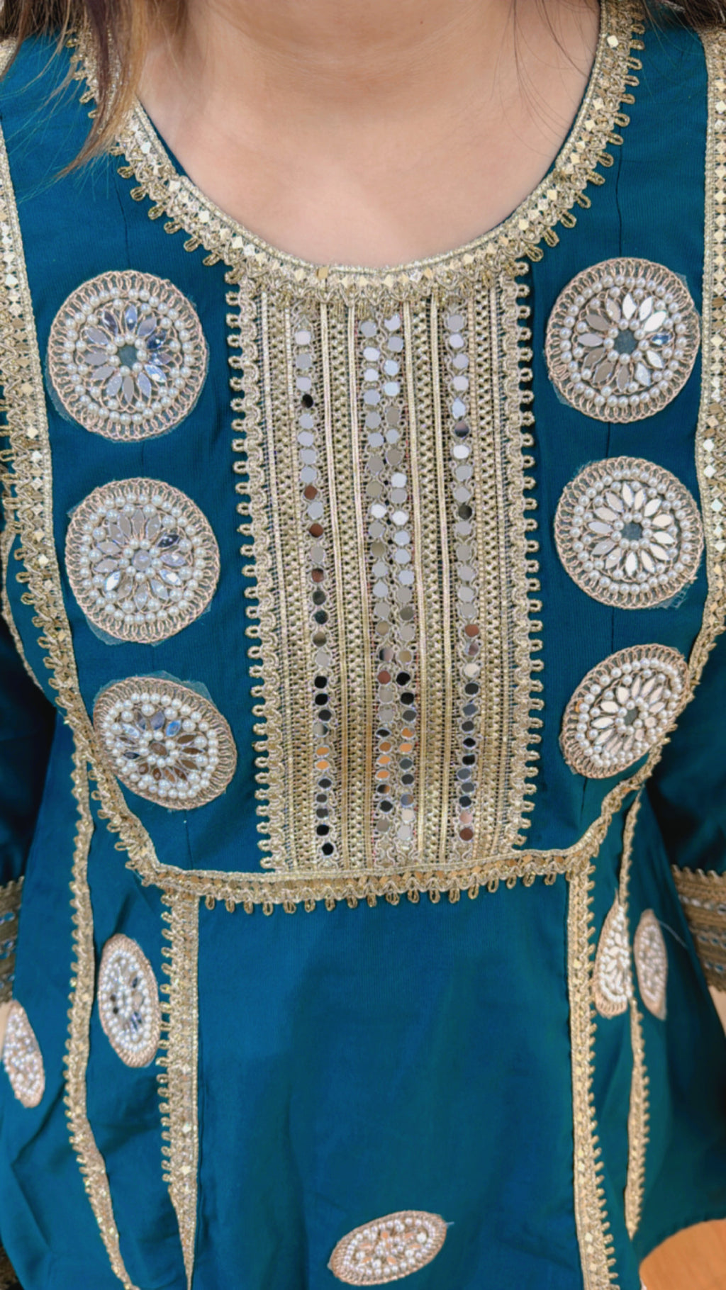 MEERA | Teal Mirror Work Kurta Pant Set with Potli Bag for Women | Festive Ethnic Wear