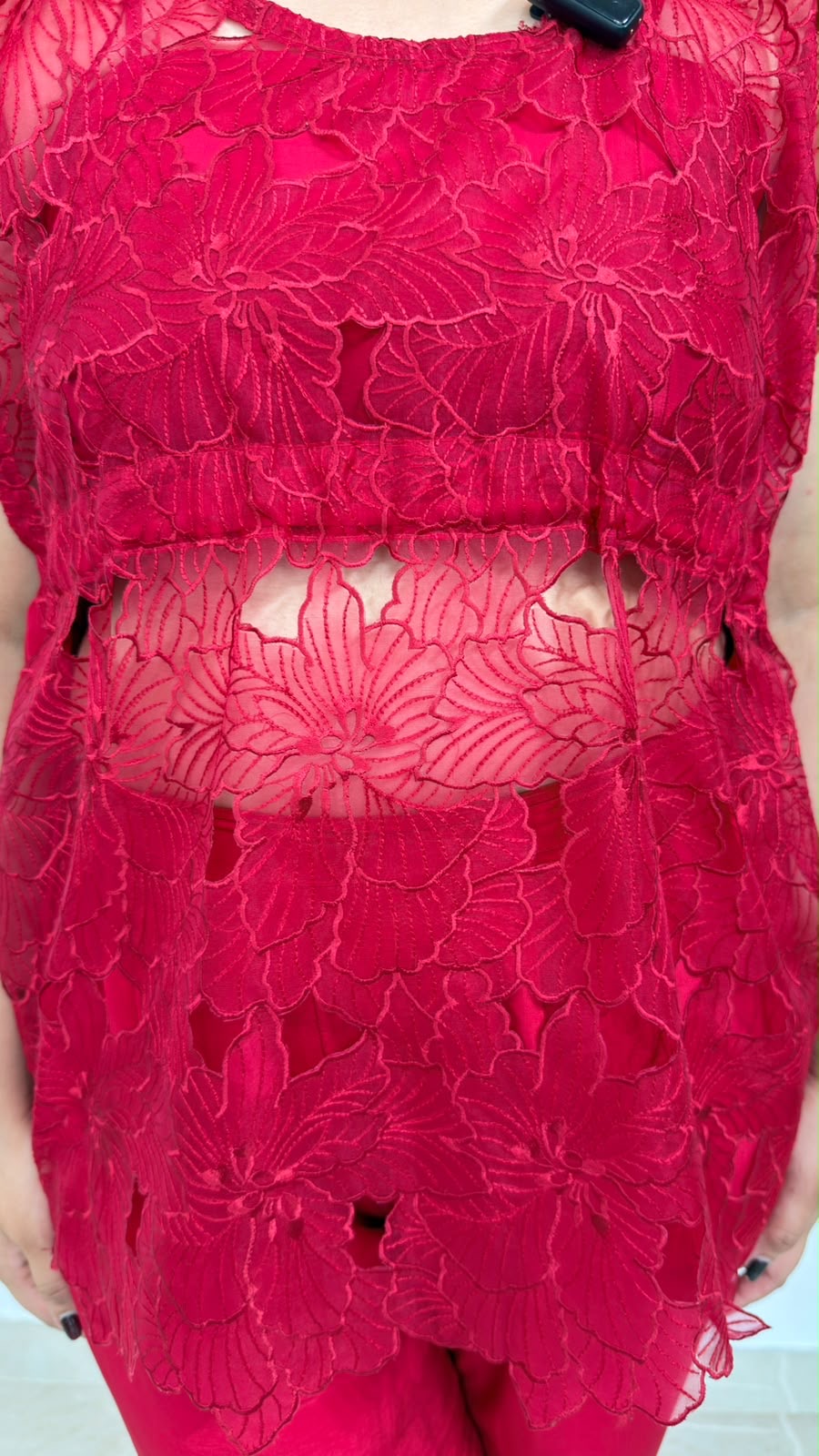 Roselle | Scarlet Floral Lace Top with Flared Pants Co-ord Set for Women