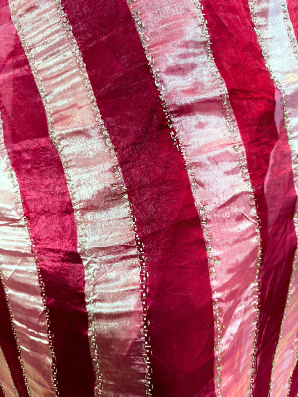 Aveline | Wine Organza Saree with Rose-Gold Zari Stripes & Lace Border