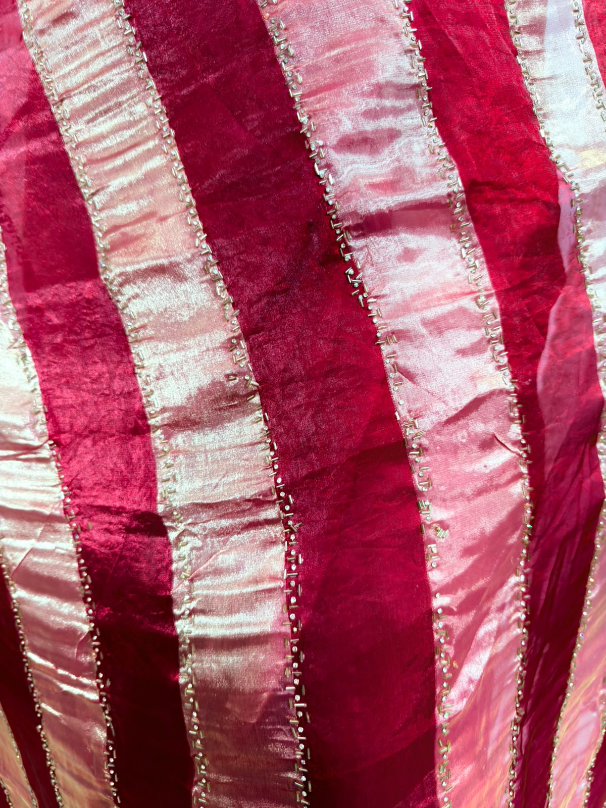 Aveline | Wine Organza Saree with Rose-Gold Zari Stripes & Lace Border