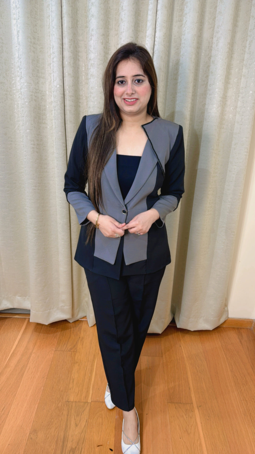 BOSS LADY | Black Grey Two-Tone Blazer Pant Suit for Women | Formal Office Wear Co-ord Set