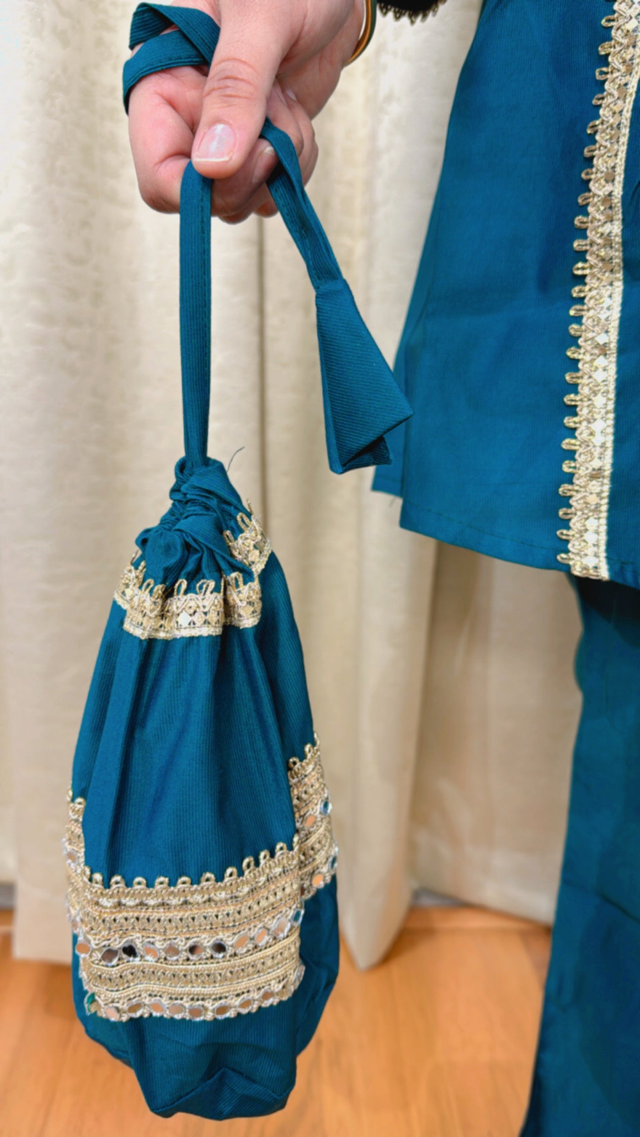 MEERA | Teal Mirror Work Kurta Pant Set with Potli Bag for Women | Festive Ethnic Wear