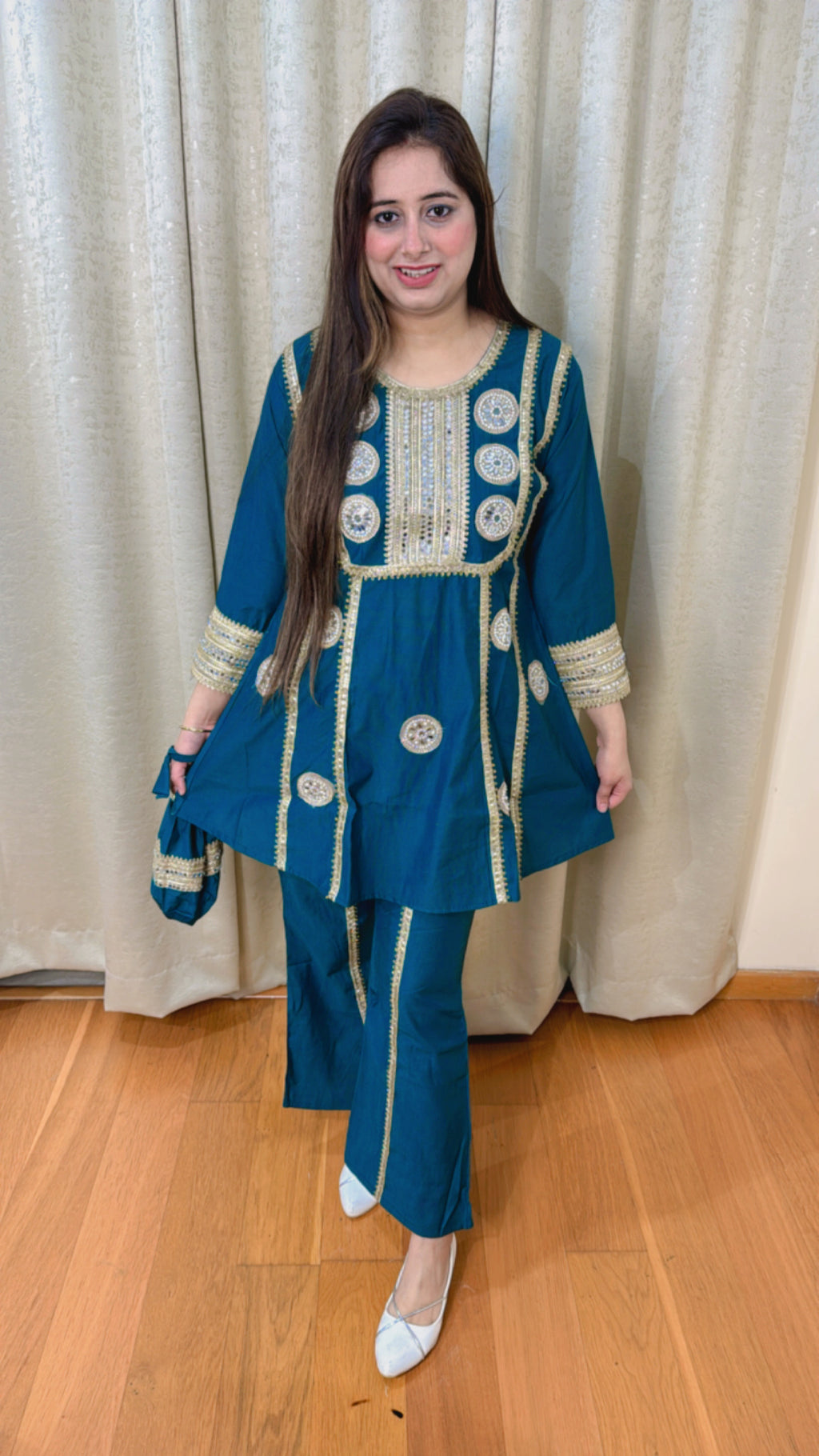 MEERA | Teal Mirror Work Kurta Pant Set with Potli Bag for Women | Festive Ethnic Wear