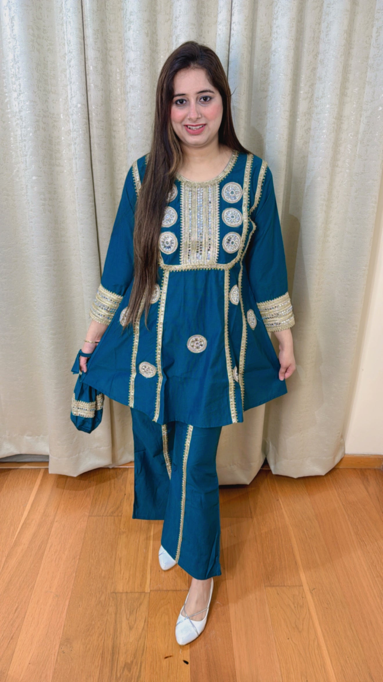 MEERA | Teal Mirror Work Kurta Pant Set with Potli Bag for Women | Festive Ethnic Wear