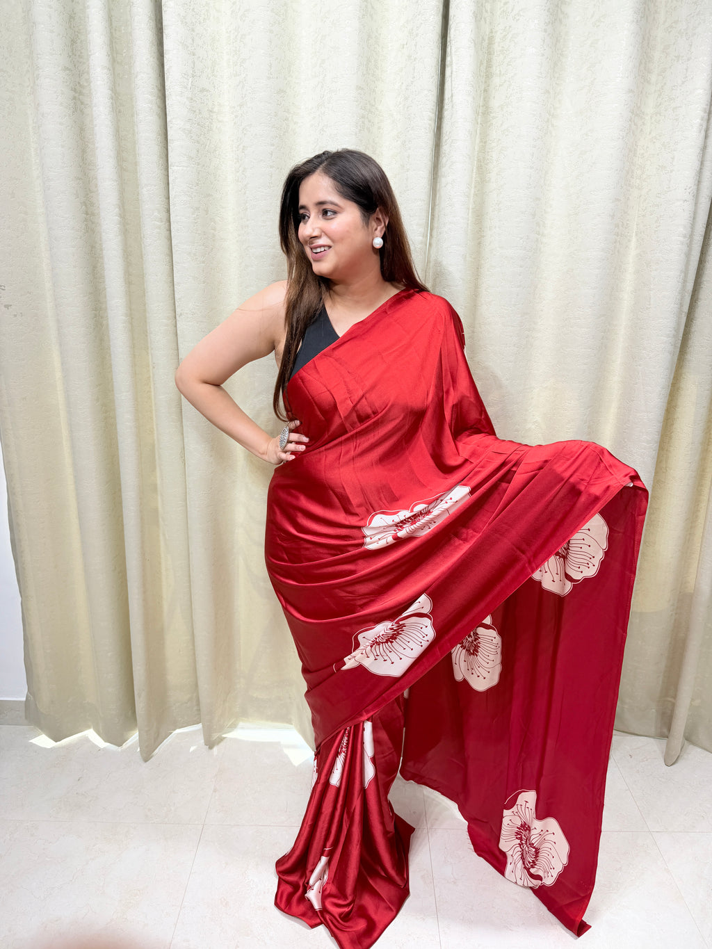 Raktima | Red Floral Satin Saree