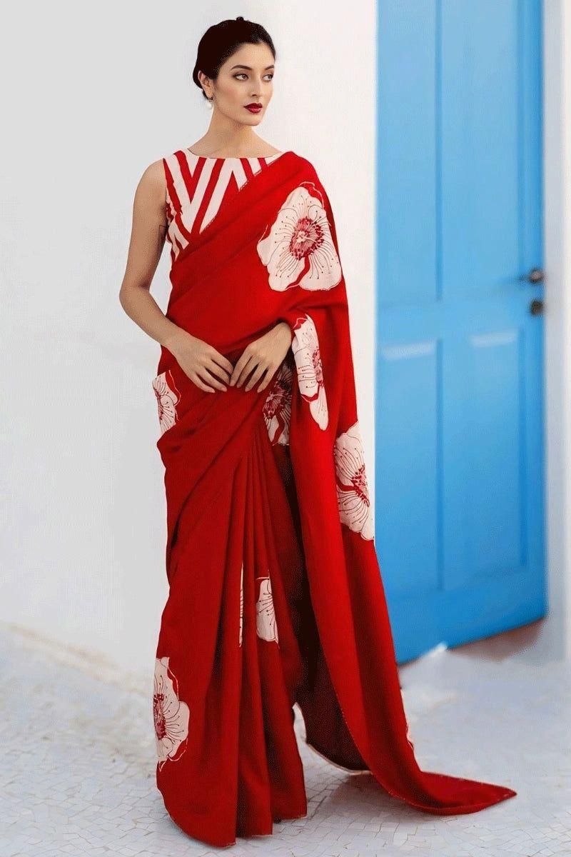 Raktima | Red Floral Satin Saree