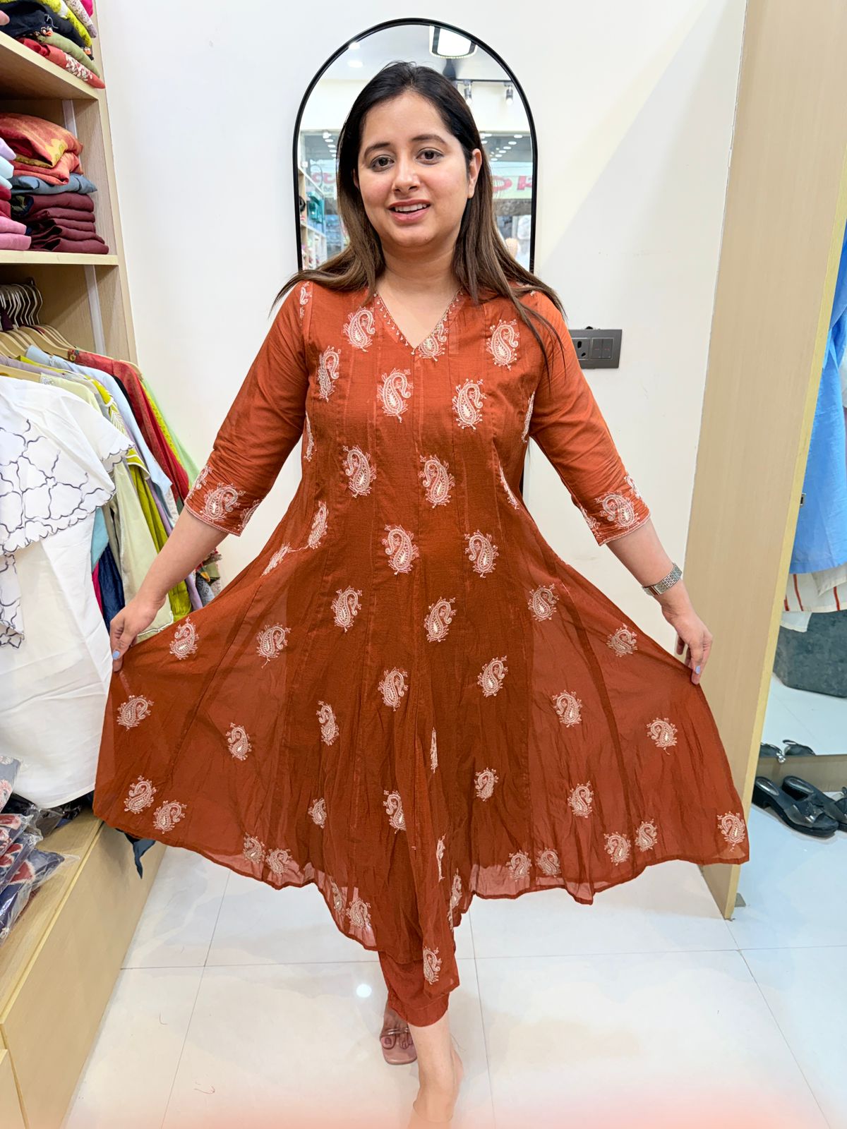 Zivra | Graceful Rust Anarkali Suit with Delicate Paisley Prints & Dupatta