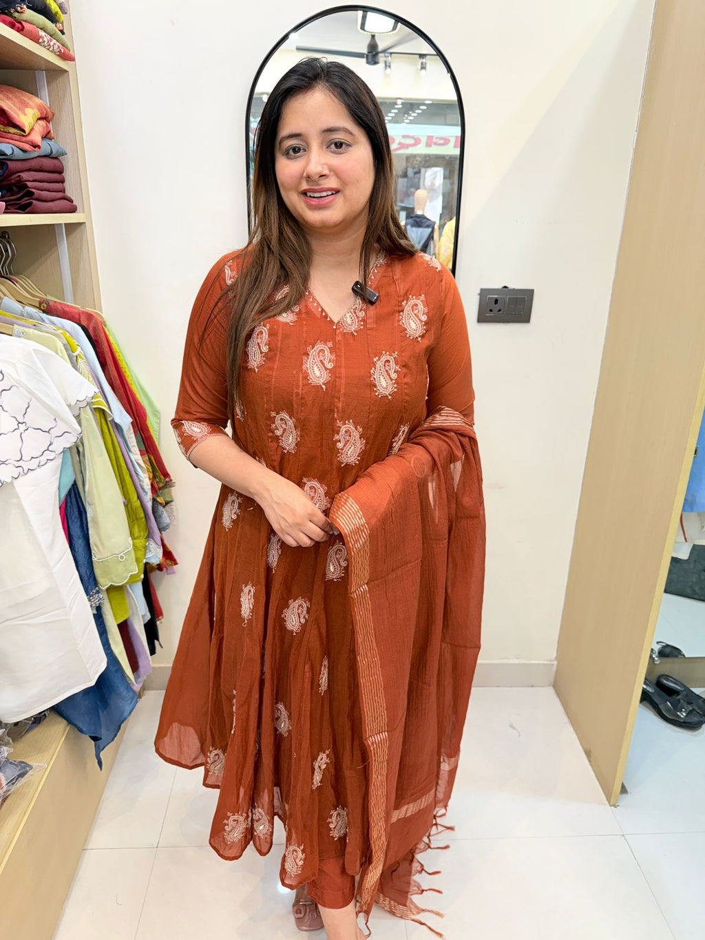 Zivra | Graceful Rust Anarkali Suit with Delicate Paisley Prints & Dupatta