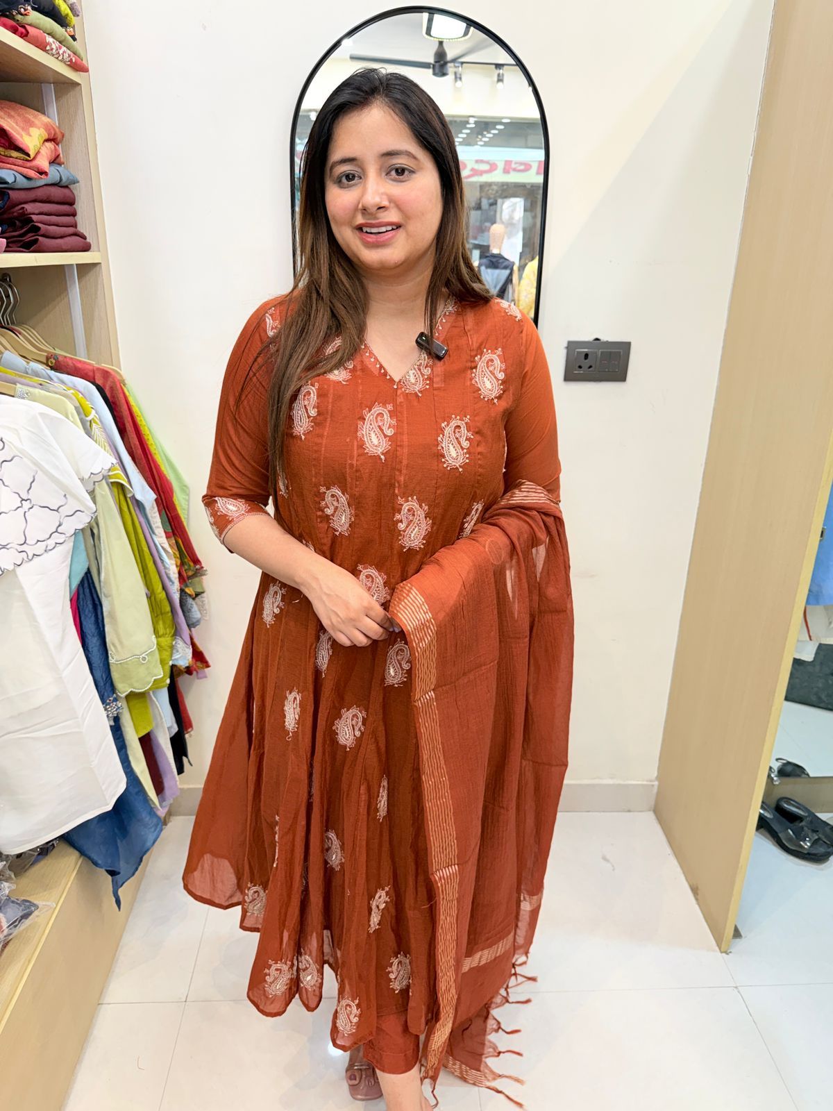 Zivra | Graceful Rust Anarkali Suit with Delicate Paisley Prints & Dupatta