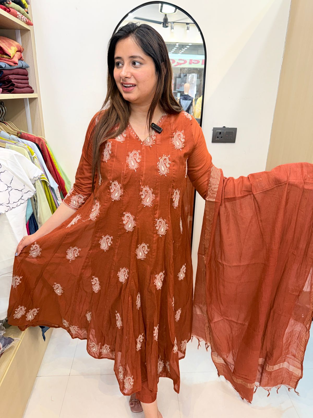 Zivra | Graceful Rust Anarkali Suit with Delicate Paisley Prints & Dupatta
