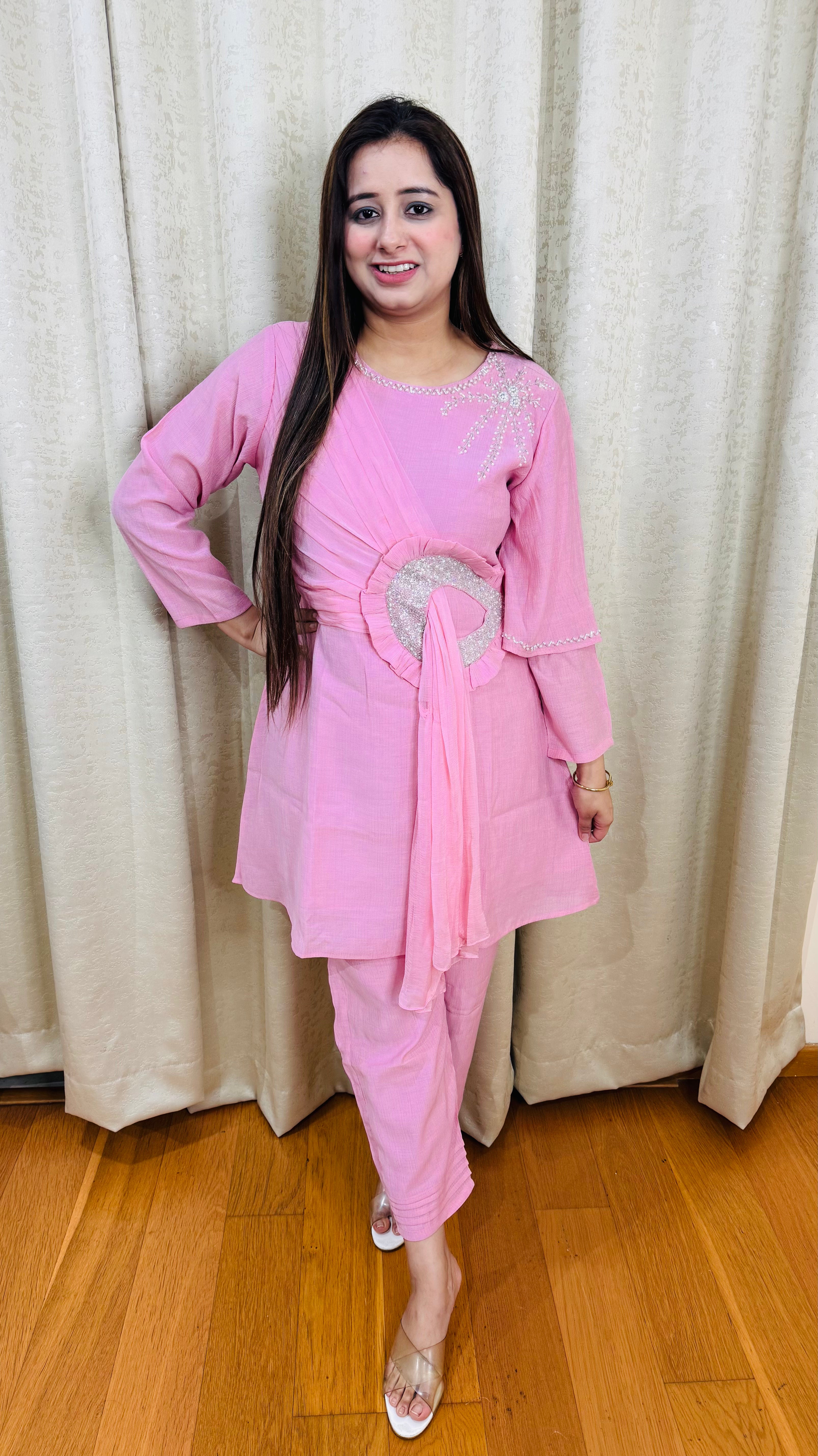 RUBINA | Pink Draped Kurta Pant Set with Sequin Waist Ring | Indo Western Partywear for Women