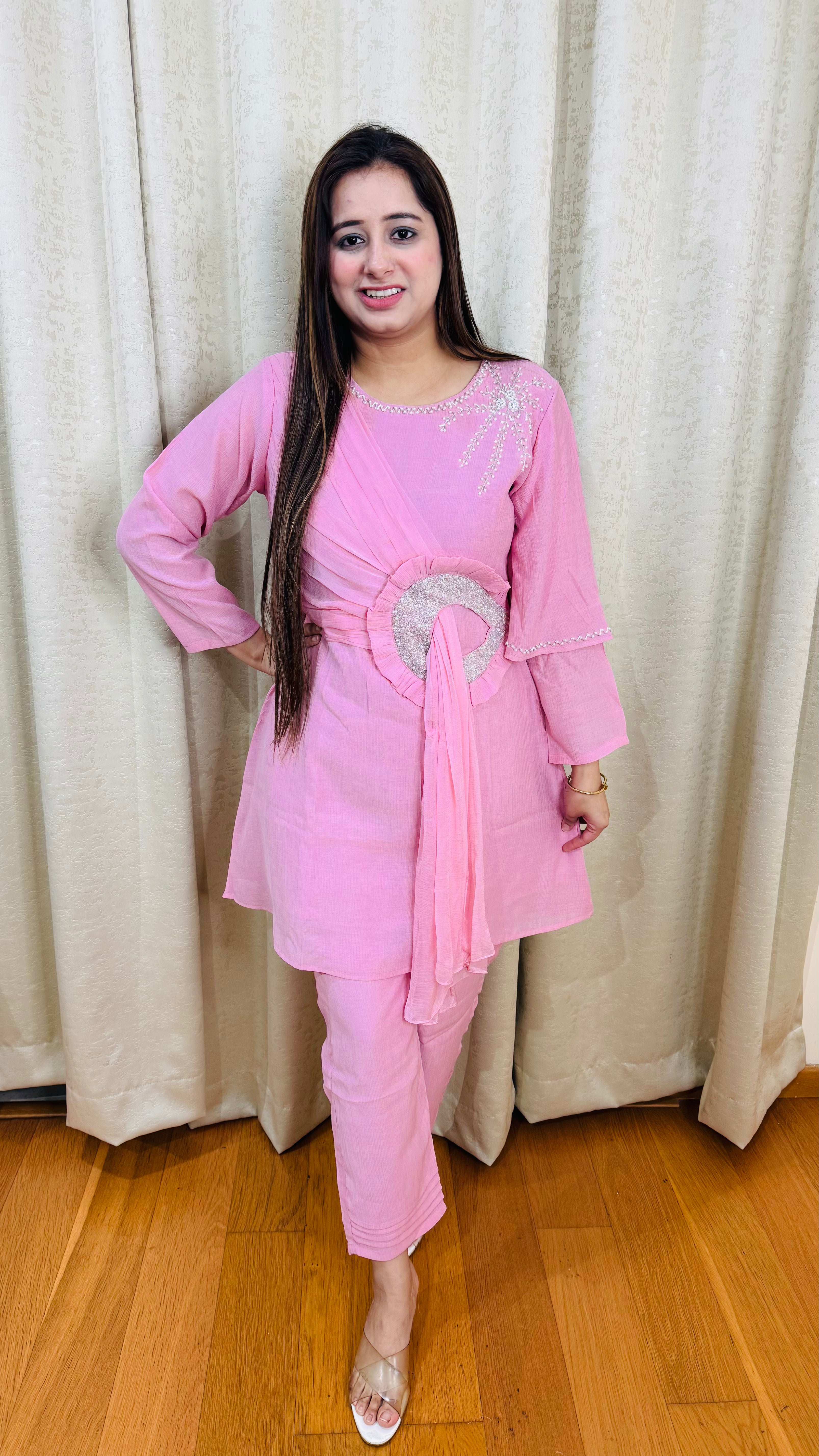 RUBINA | Pink Draped Kurta Pant Set with Sequin Waist Ring | Indo Western Partywear for Women