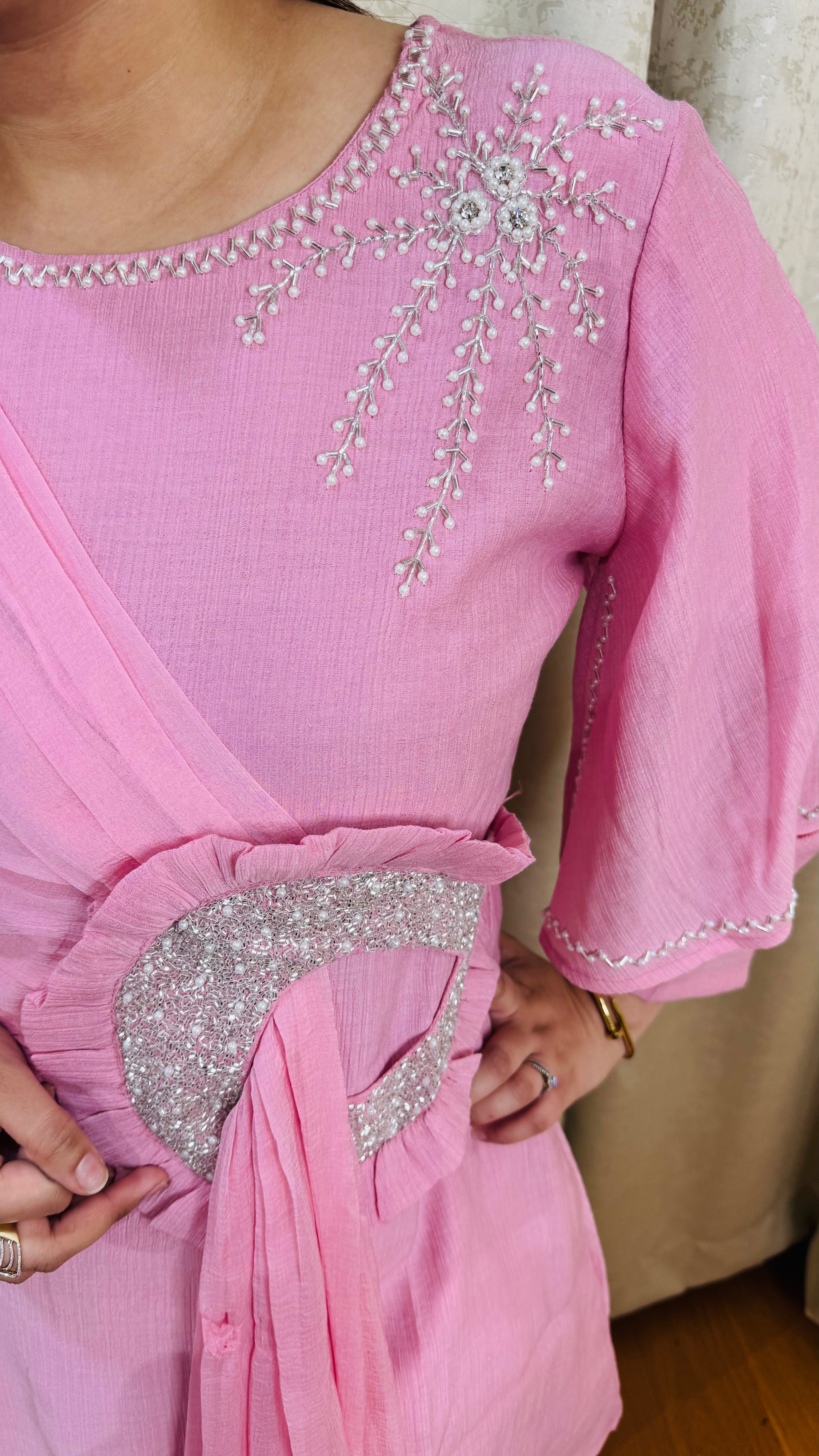 RUBINA | Pink Draped Kurta Pant Set with Sequin Waist Ring | Indo Western Partywear for Women