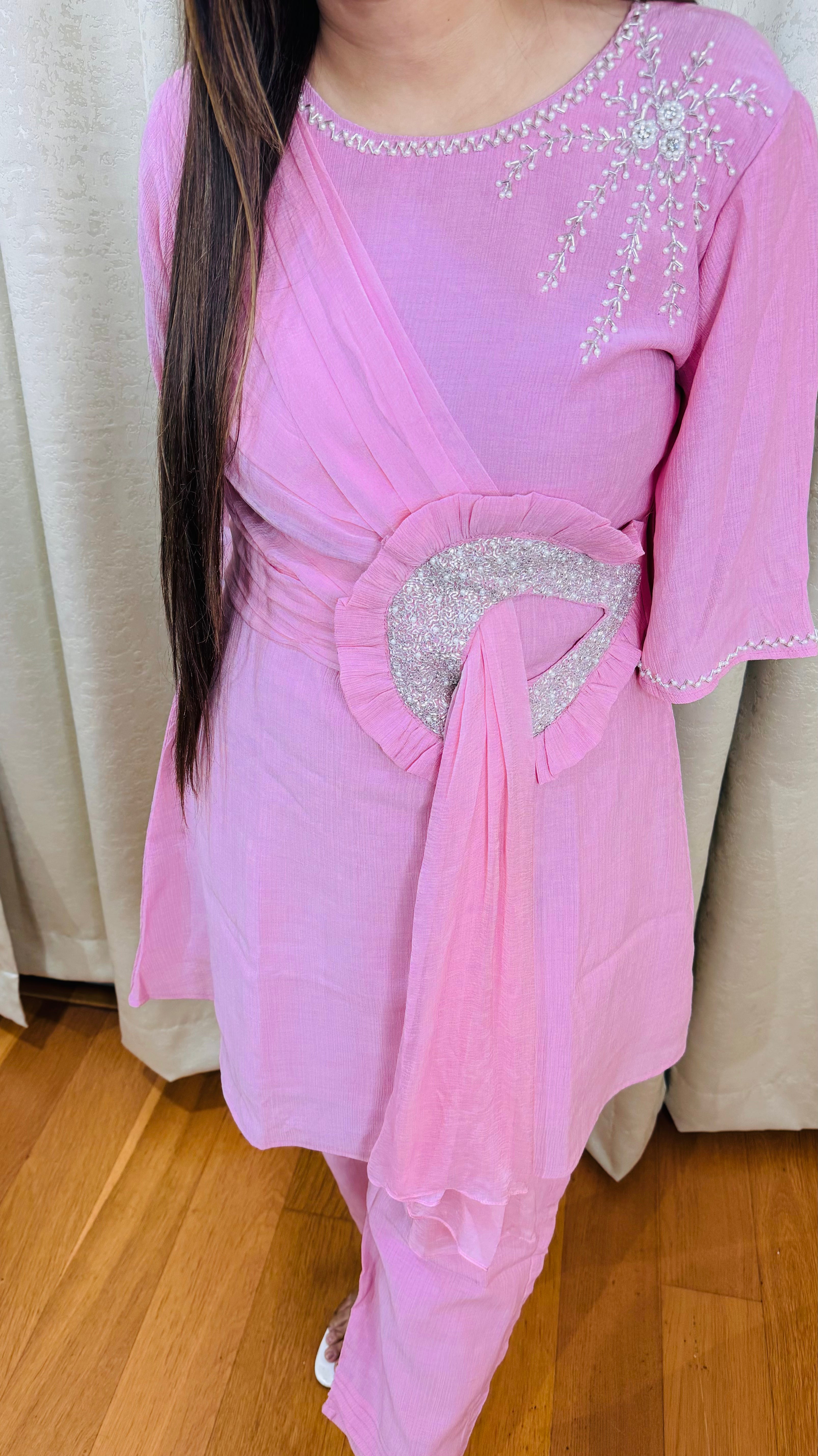 RUBINA | Pink Draped Kurta Pant Set with Sequin Waist Ring | Indo Western Partywear for Women
