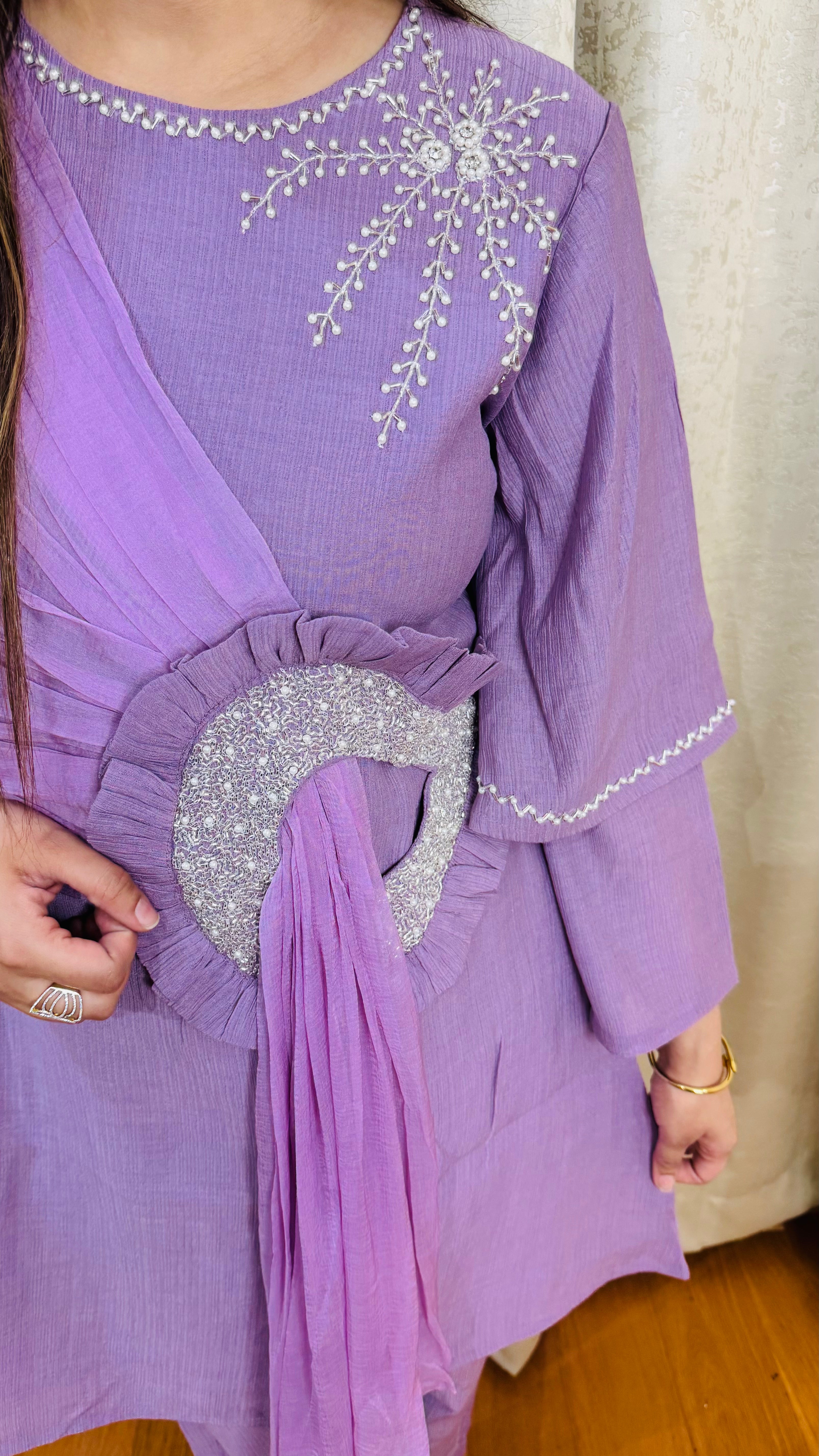 RUBINA | Lavender Draped Kurta Pant Set with Sequin Waist Ring | Indo Western Partywear for Women