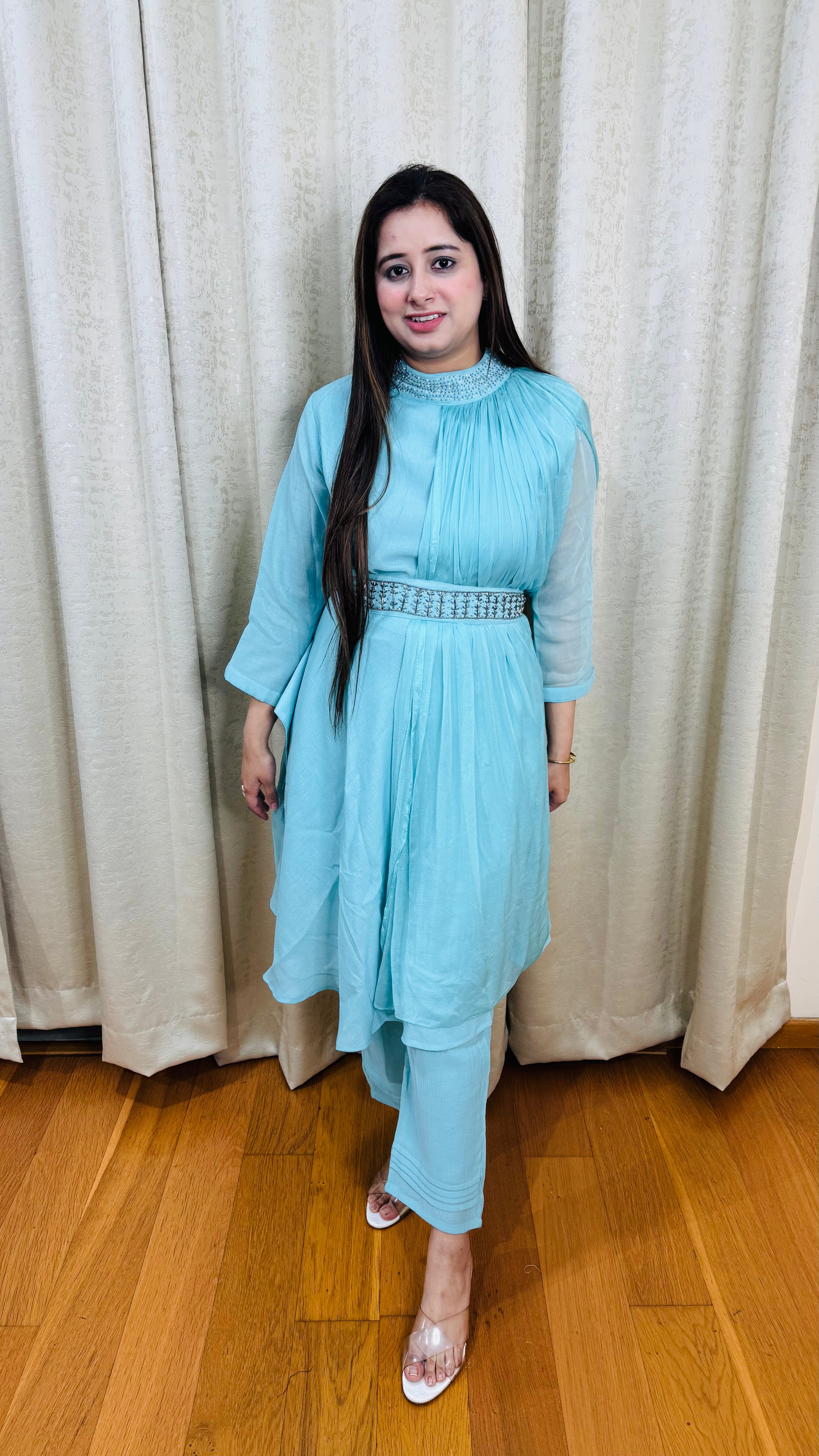 SAISHA | Aqua Draped Kurta Pant Set with Embellished Neck & Belt | Indo Western Partywear for Women
