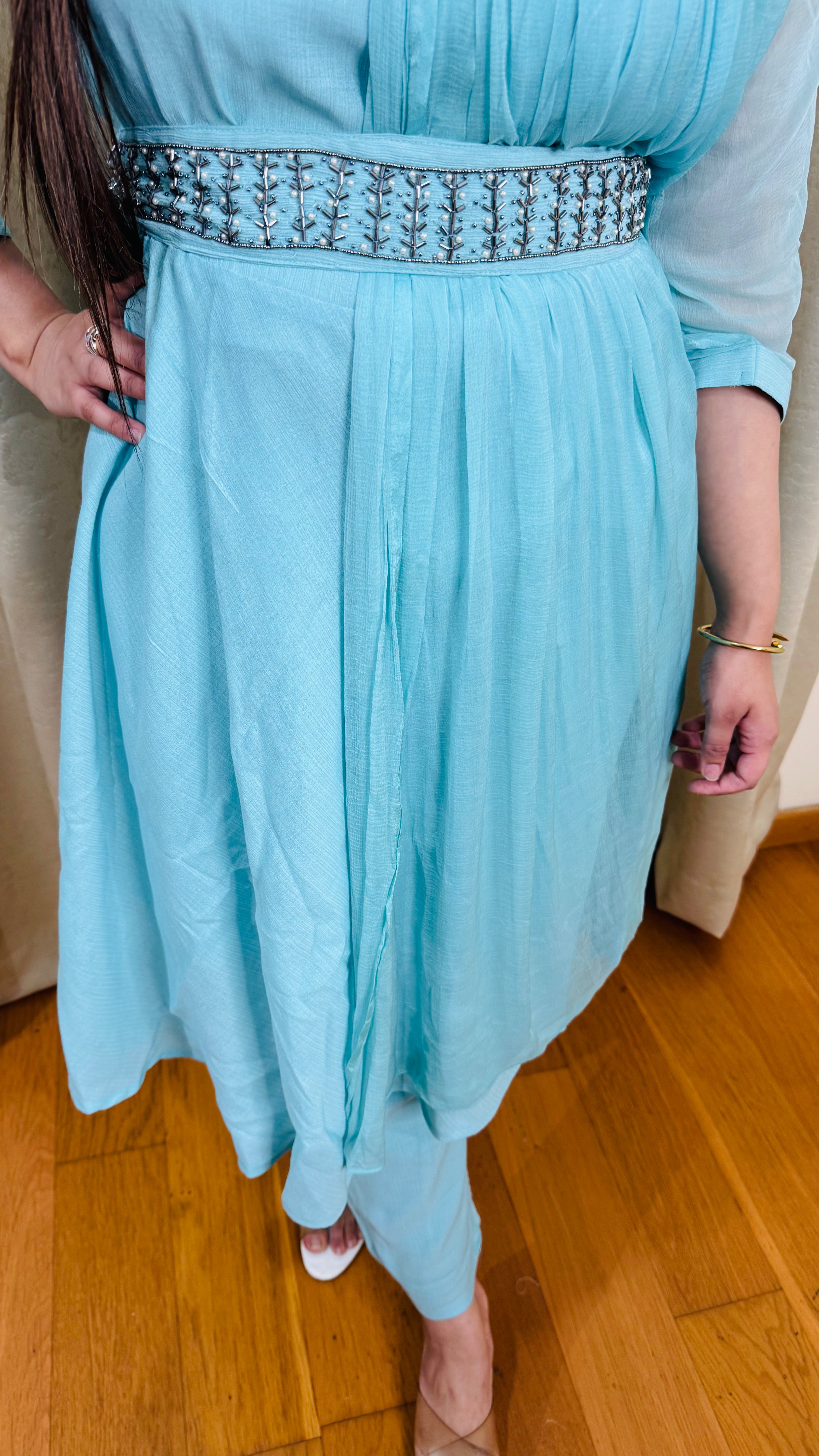 SAISHA | Aqua Draped Kurta Pant Set with Embellished Neck & Belt | Indo Western Partywear for Women