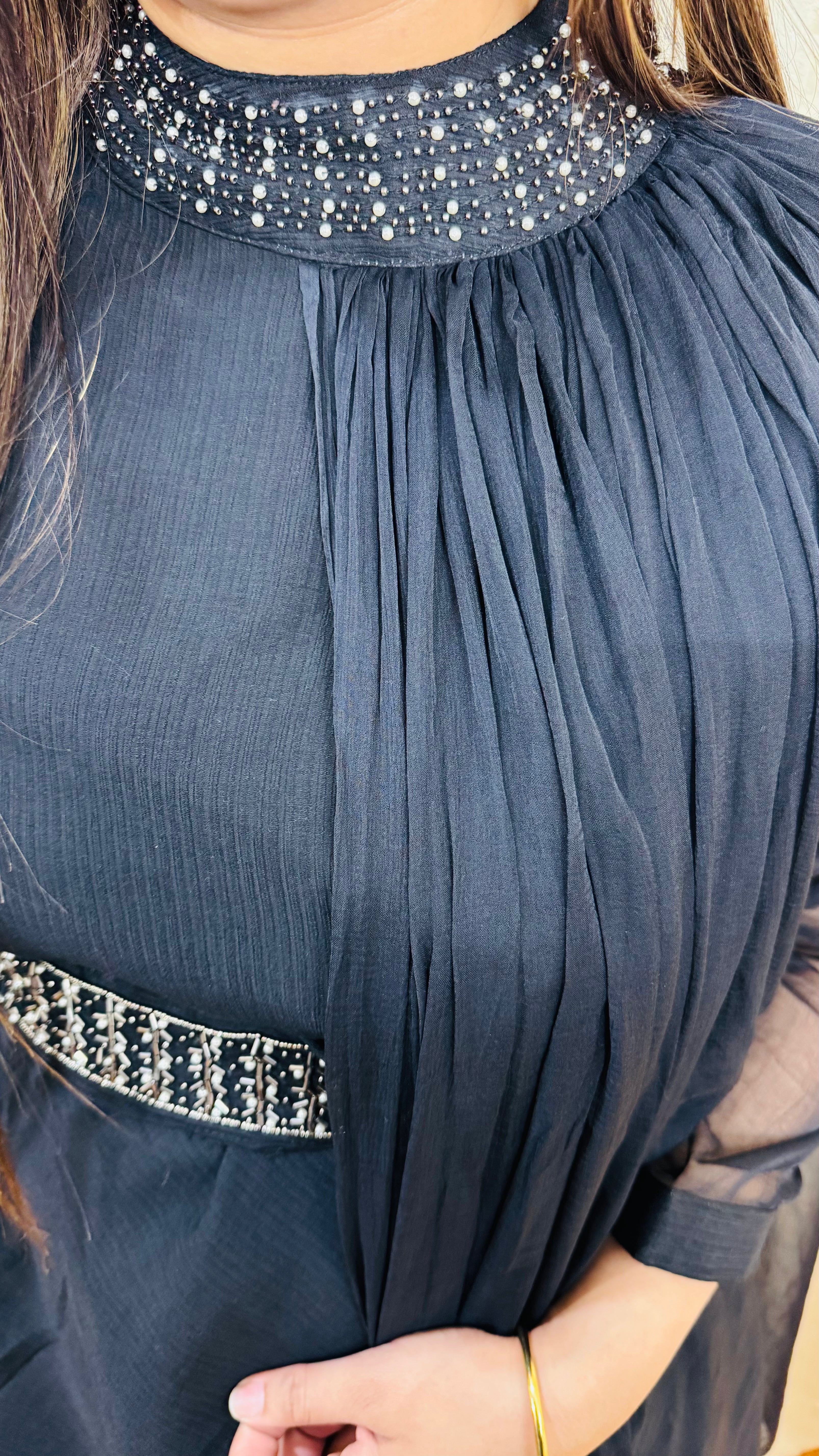 SAISHA | Black Draped Kurta Pant Set with Embellished Neck | Indo Western Partywear for Women