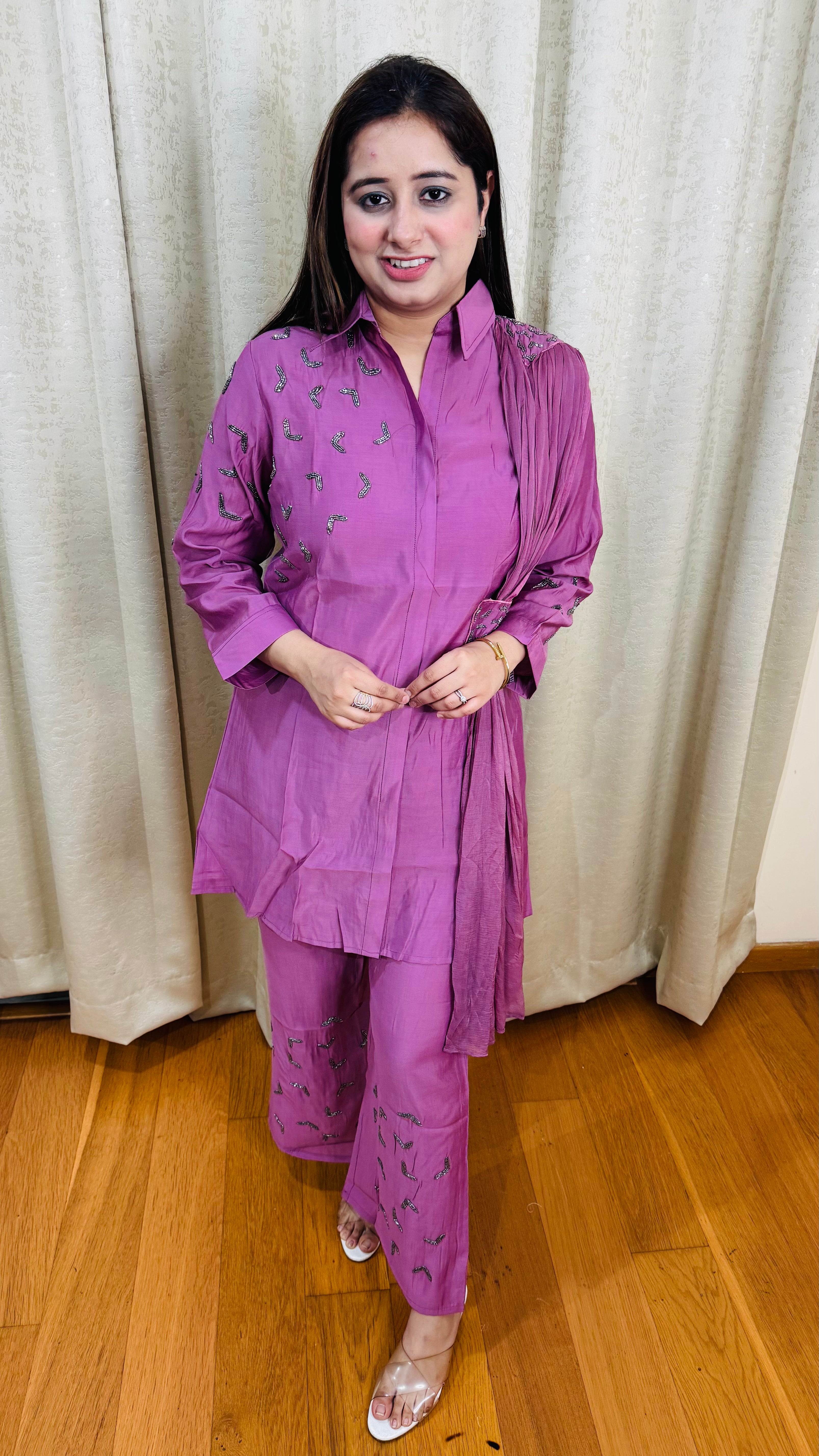LAVEENA | Soft Mauve Partywear Suit Set | Embellished Kurta and Pant with Textured Dupatta