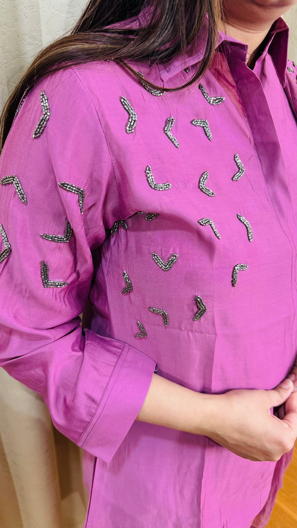 LAVEENA | Soft Mauve Partywear Suit Set | Embellished Kurta and Pant with Textured Dupatta