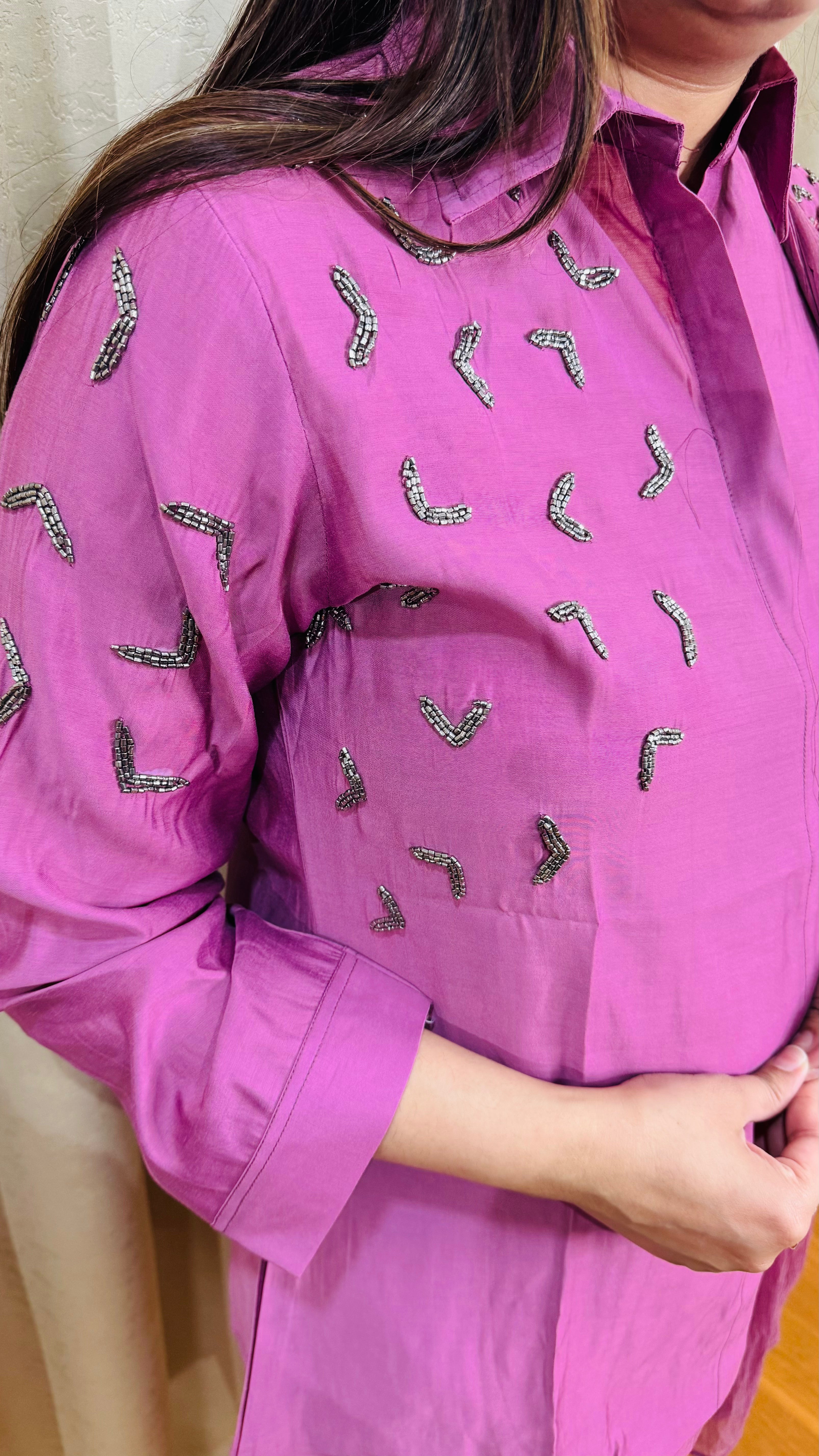 LAVEENA | Soft Mauve Partywear Suit Set | Embellished Kurta and Pant with Textured Dupatta