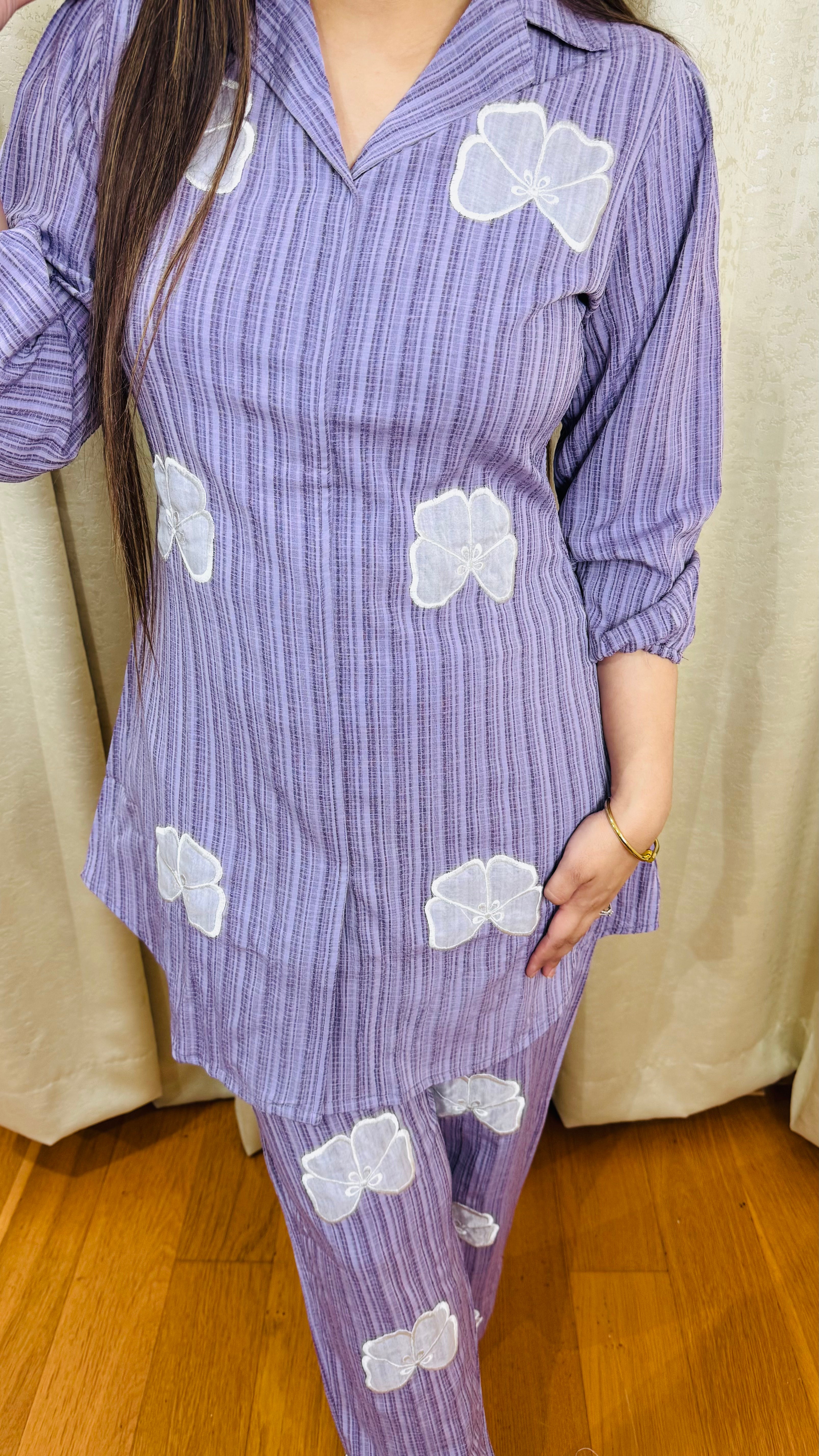 PANKHUDI | Lilac Striped Floral Appliqué Co-ord Set | Casual Kurta Pant Suit for Women