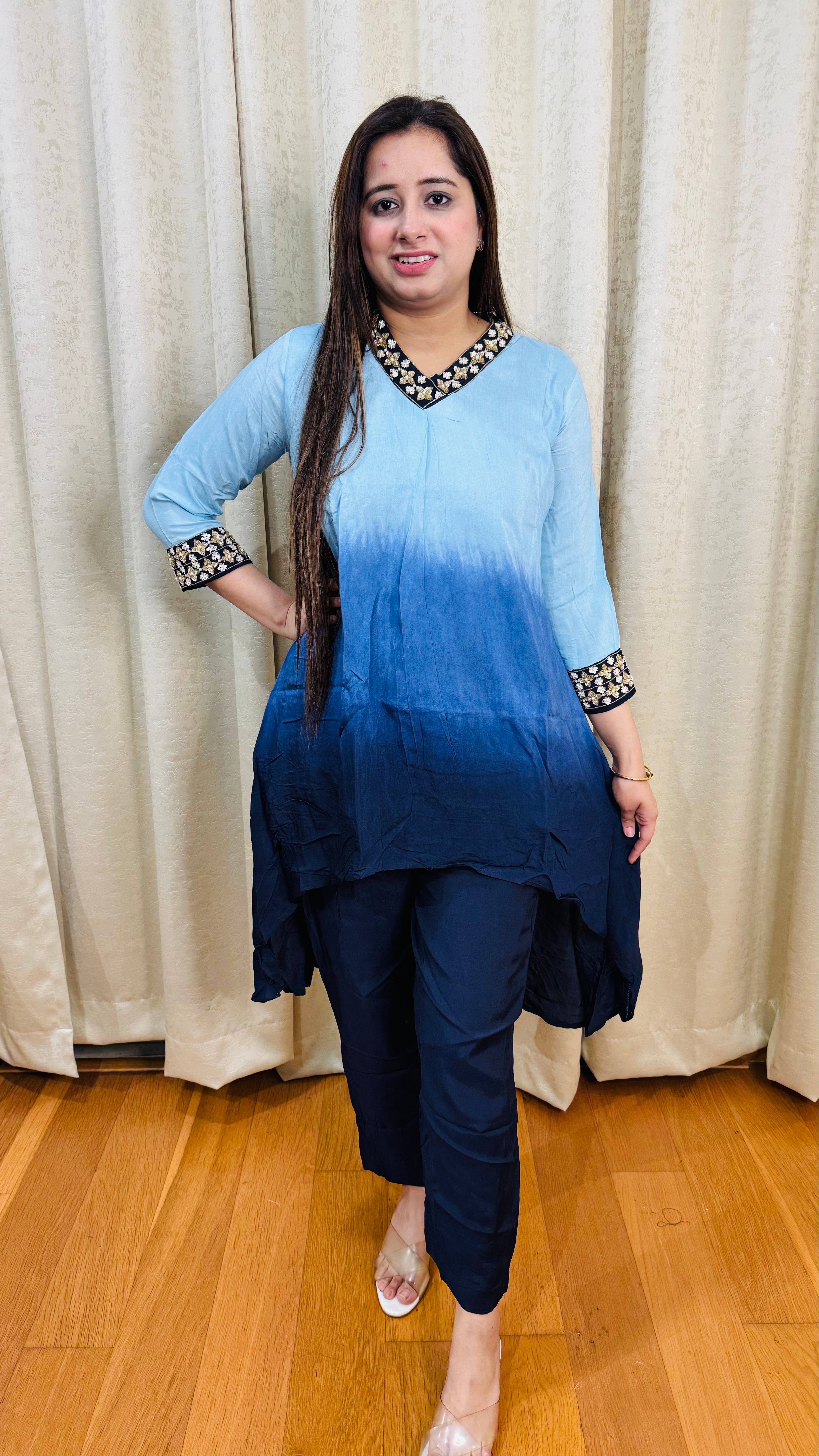 VAREE | Blue Ombré Kurta with Navy Pants | Partywear Indo Western Set for Women