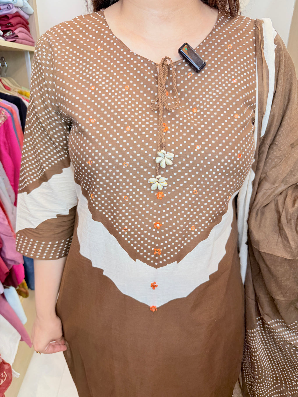 Cocoa | Charm Suit Set Brown Printed Kurta Pant Set with Statement Dupatta