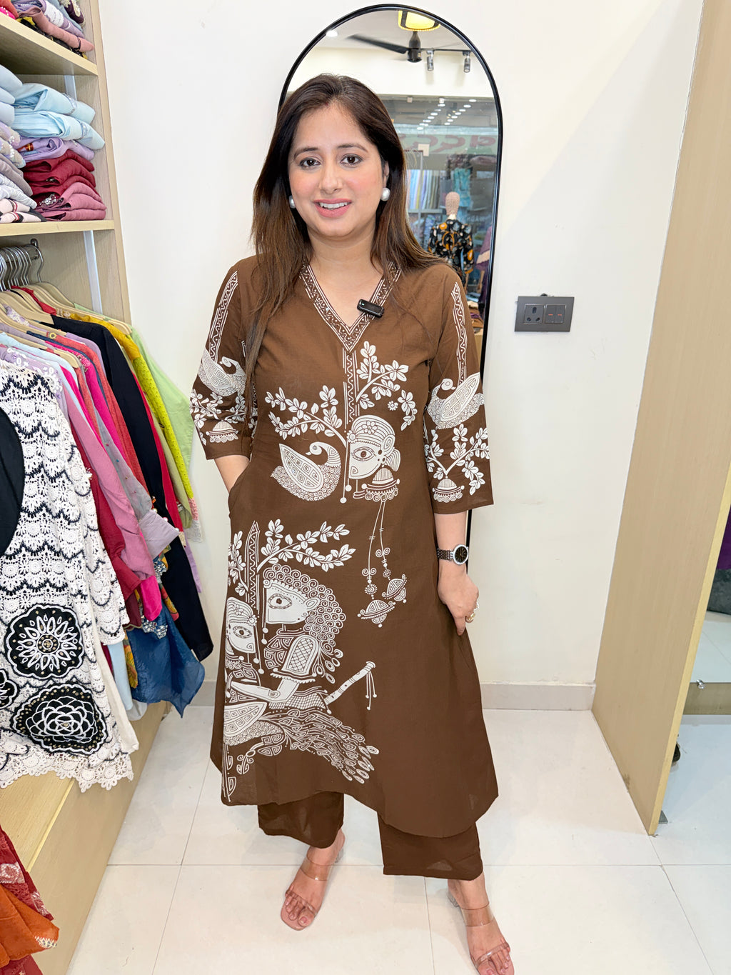 Aadhya | Brown Tribal Print Kurta Pant Set with Artistic Motifs