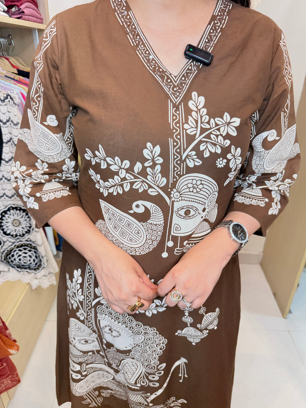Aadhya | Brown Tribal Print Kurta Pant Set with Artistic Motifs