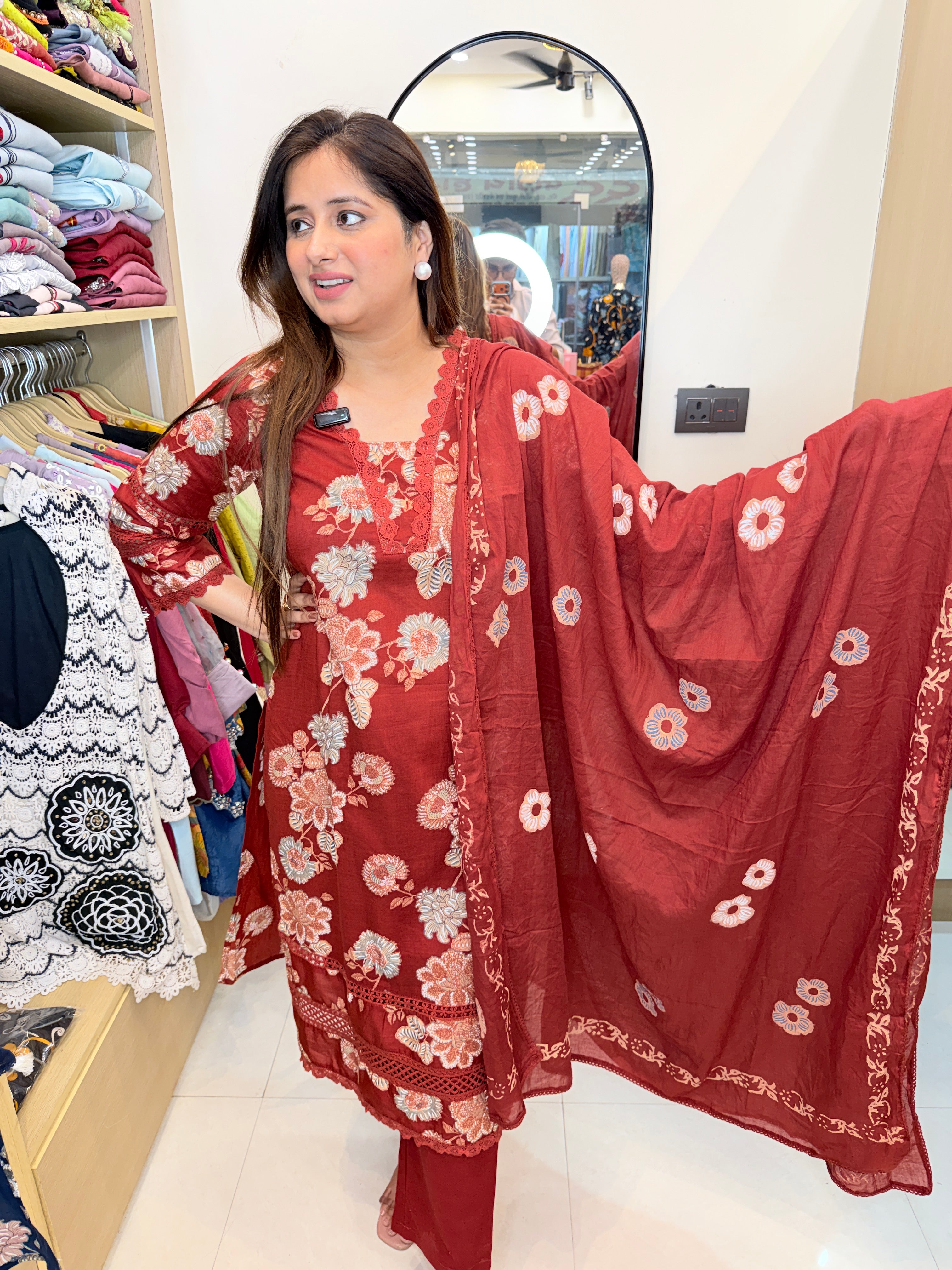 Virehka | Deep Red Floral Printed Kurta Pant Set with Elegant Dupatta
