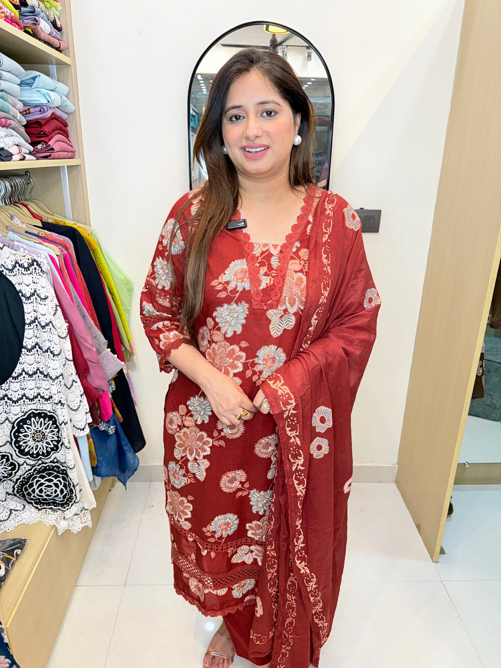 Virehka | Deep Red Floral Printed Kurta Pant Set with Elegant Dupatta