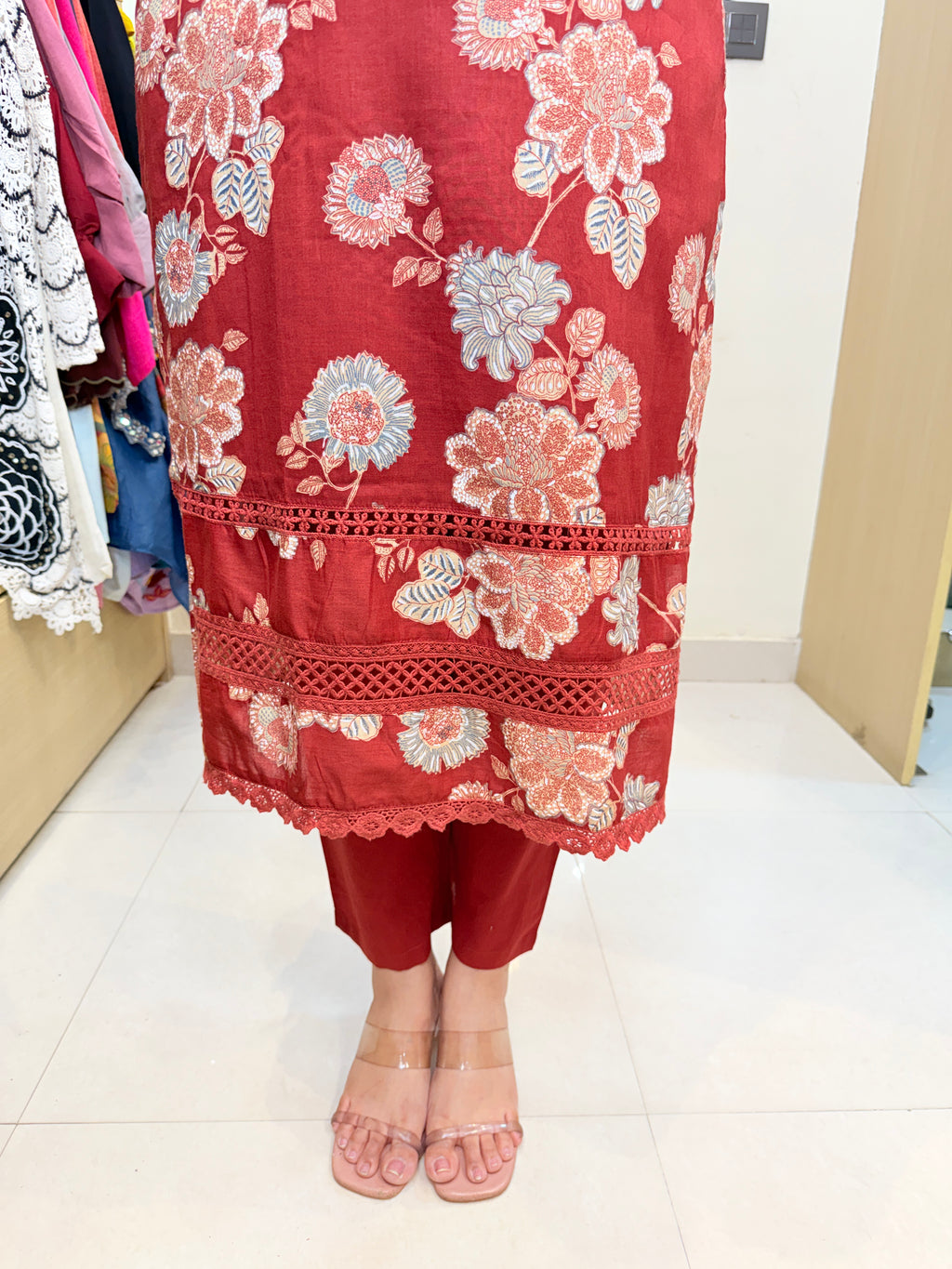 Virehka | Deep Red Floral Printed Kurta Pant Set with Elegant Dupatta