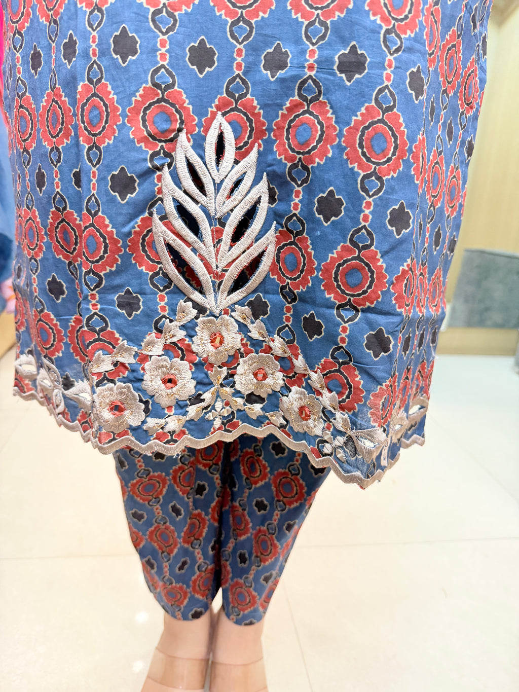 Raivya | Navy Blue Ajrakh Printed Kurta Pant Set with Dupatta & Lace Detailing