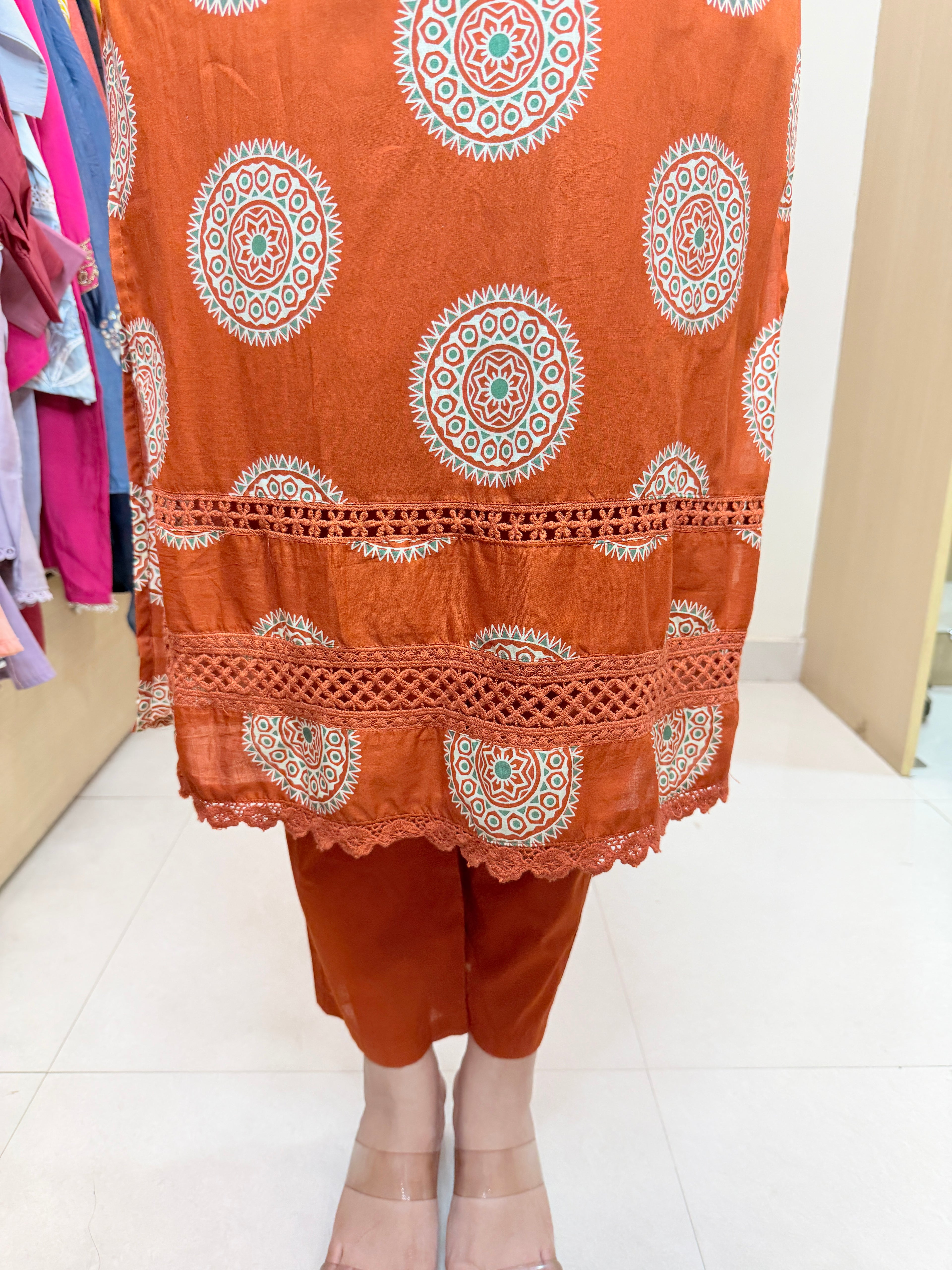 Ruhani | Rust Ajrakh Printed Kurta Pant Set with Dupatta
