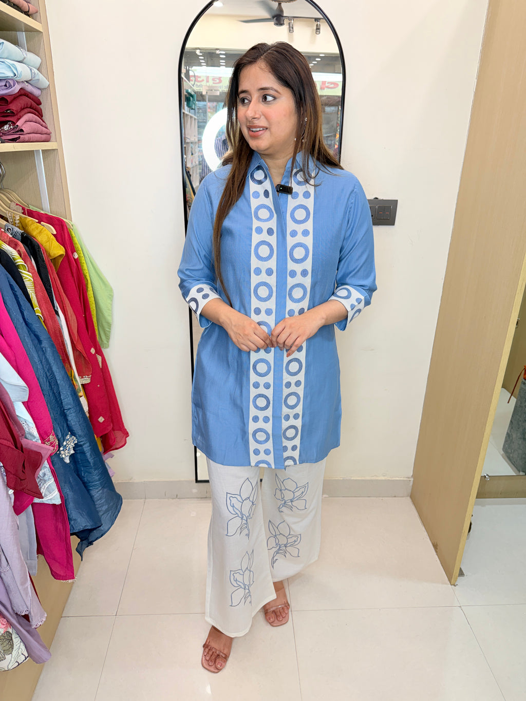 Neelaya | Sky Blue Printed Kurta Palazzo Co-ord Set with Statement Detailing