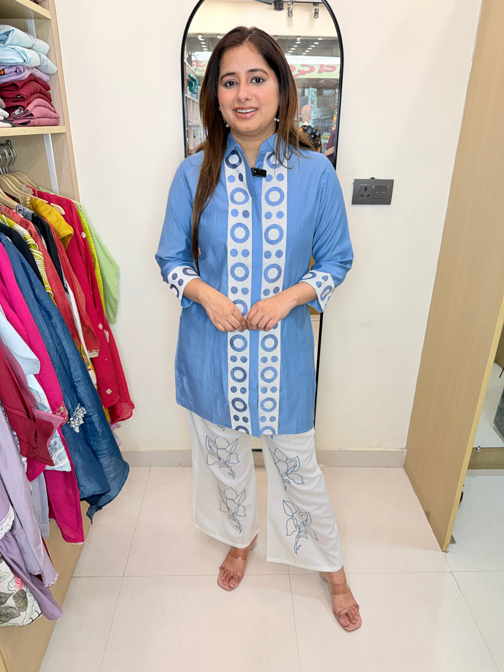 Neelaya | Sky Blue Printed Kurta Palazzo Co-ord Set with Statement Detailing