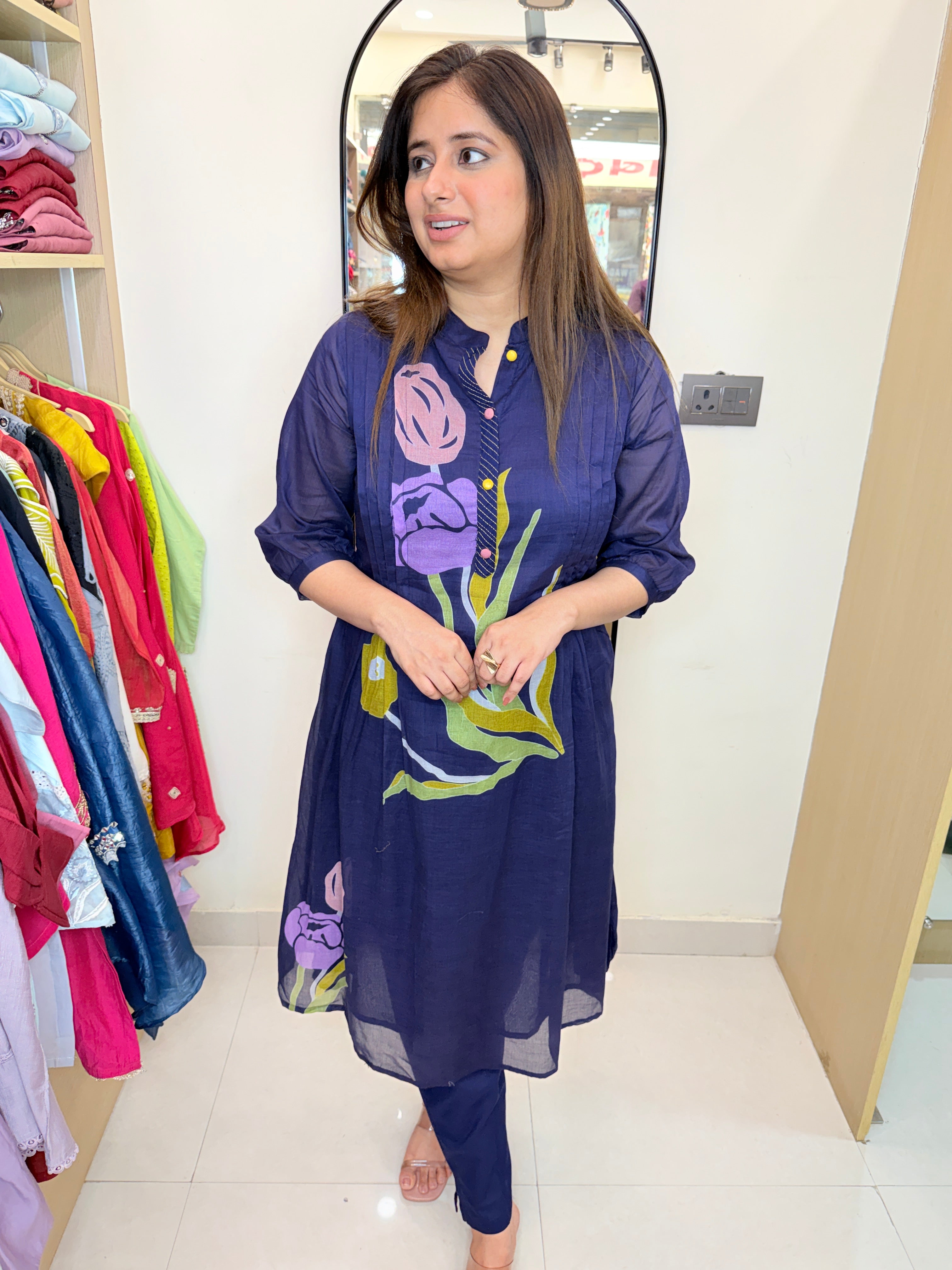 Vayara | Navy Blue Malchanderi Floral Printed Kurta Pant Set