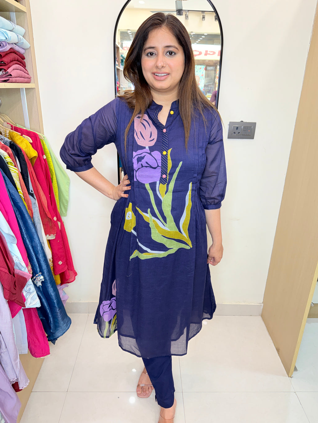 Vayara | Navy Blue Malchanderi Floral Printed Kurta Pant Set