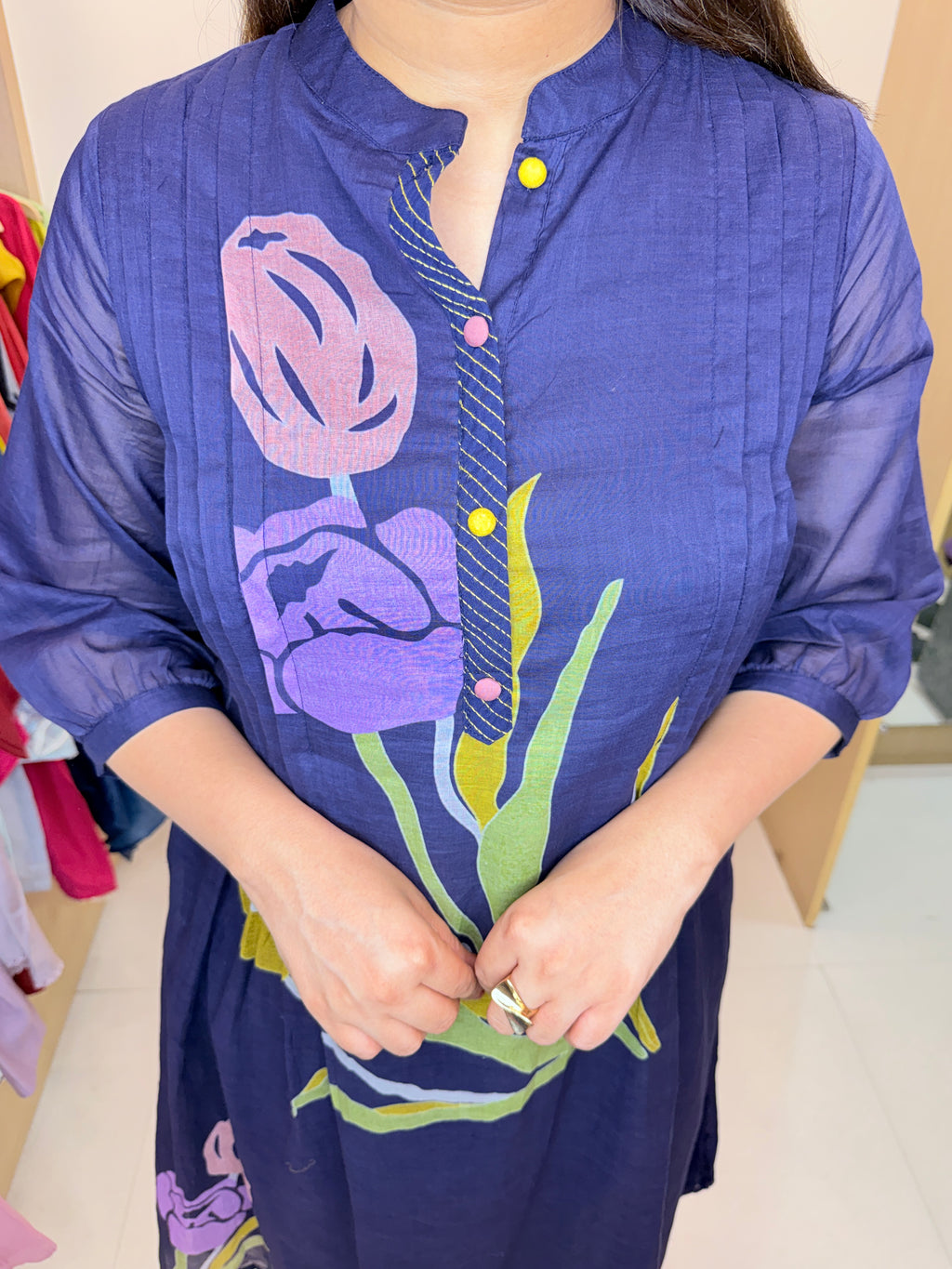 Vayara | Navy Blue Malchanderi Floral Printed Kurta Pant Set